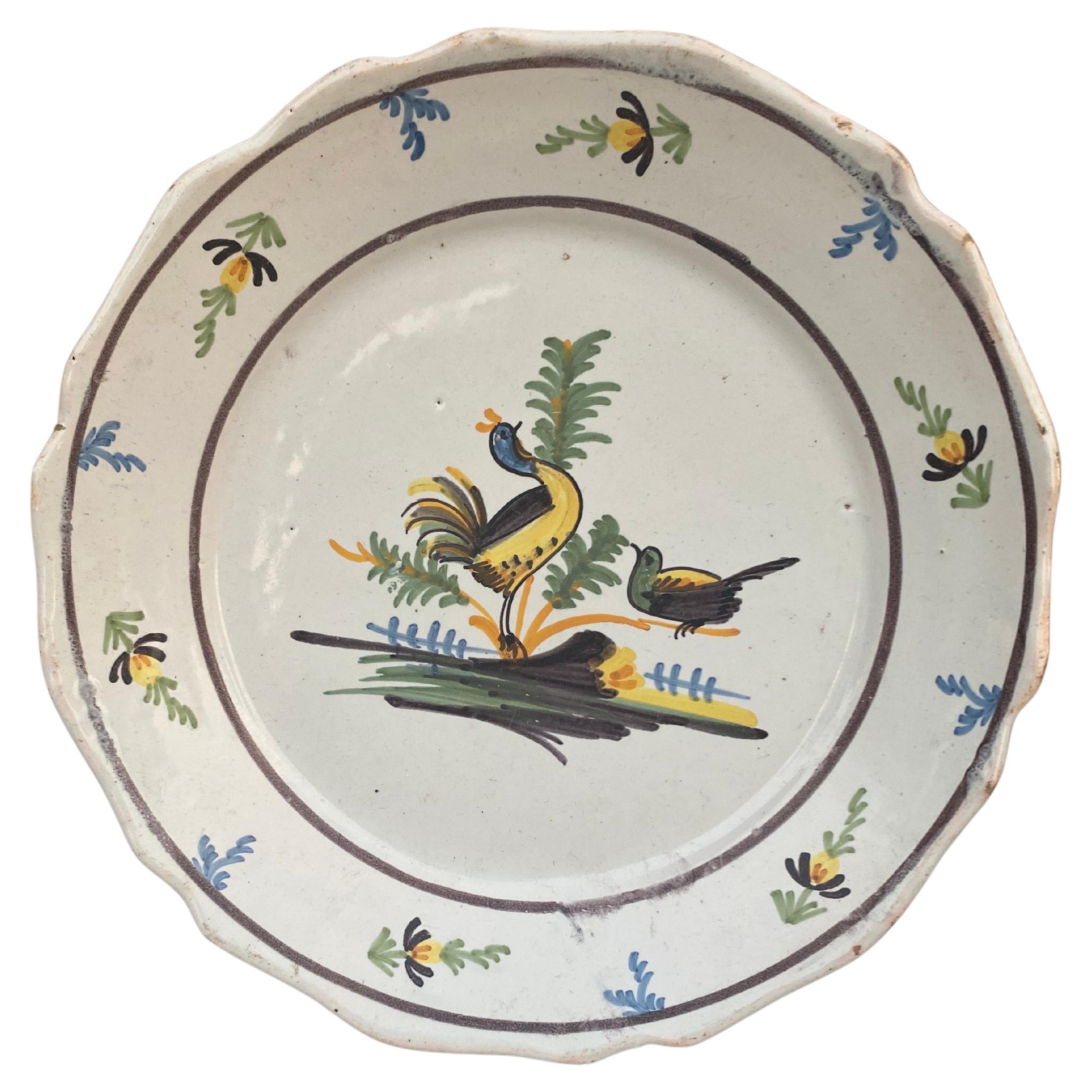 18th Century French Faience Birds Nevers Plate For Sale