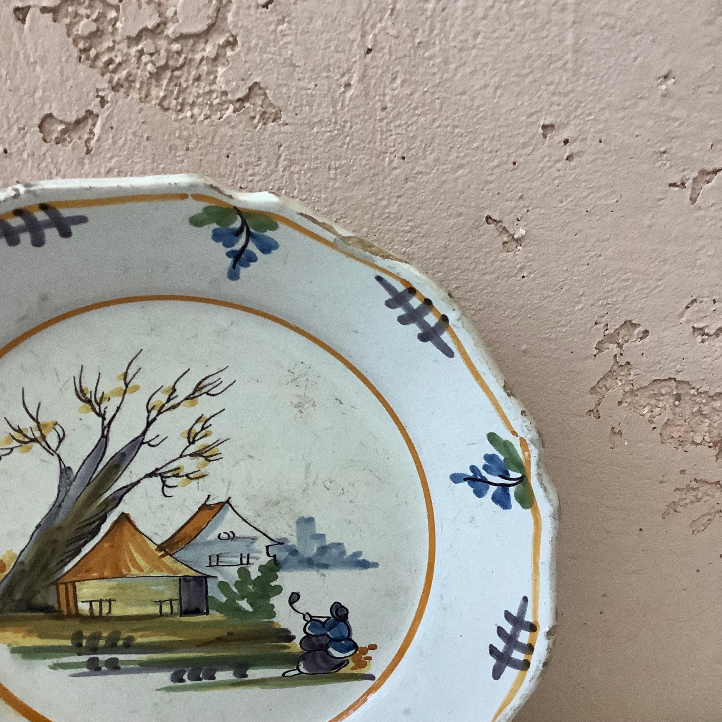 Country 18th Century French Faience Houses Nevers Plate For Sale