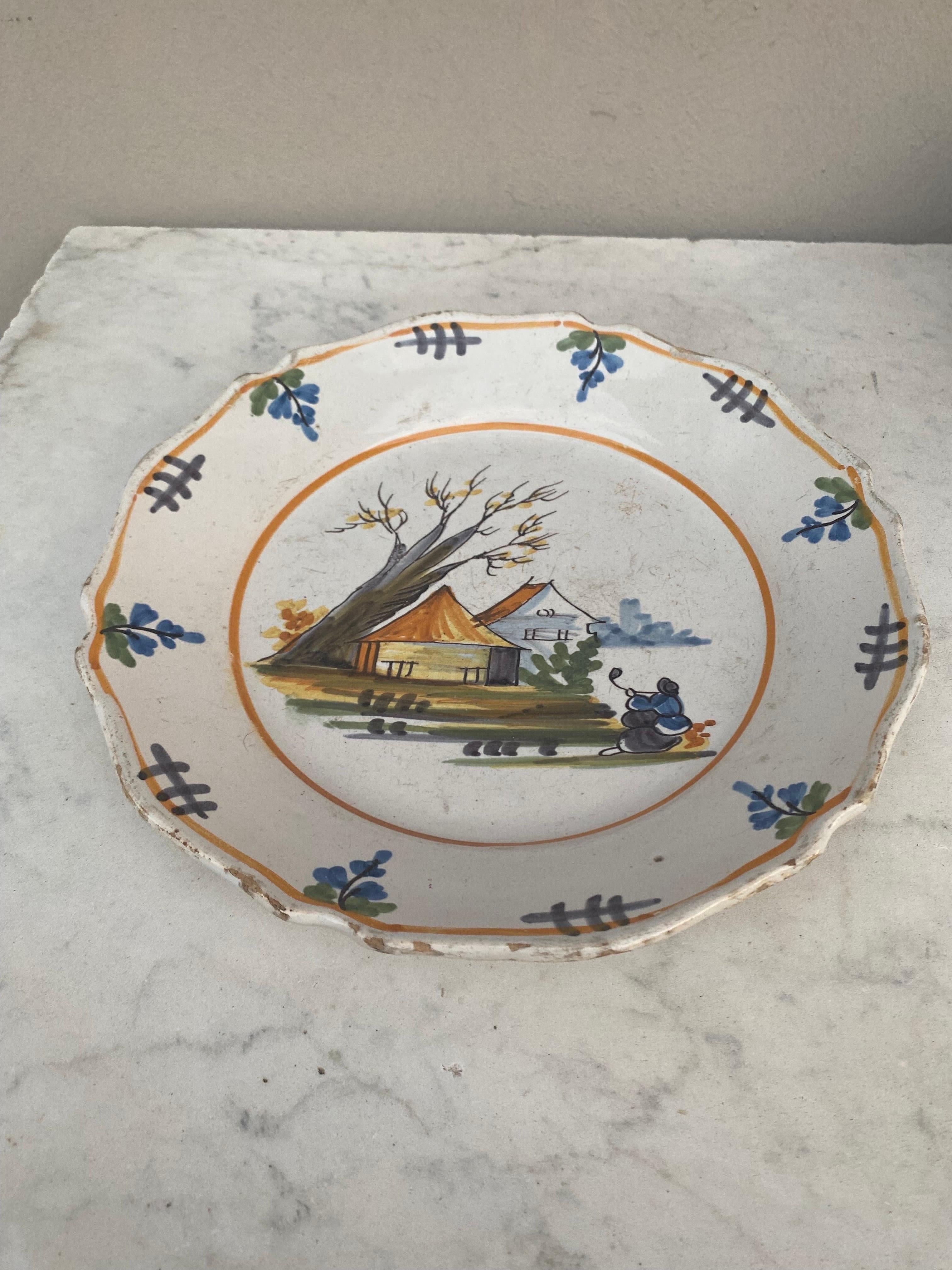 18th Century French Faience Houses Nevers Plate In Good Condition For Sale In Austin, TX