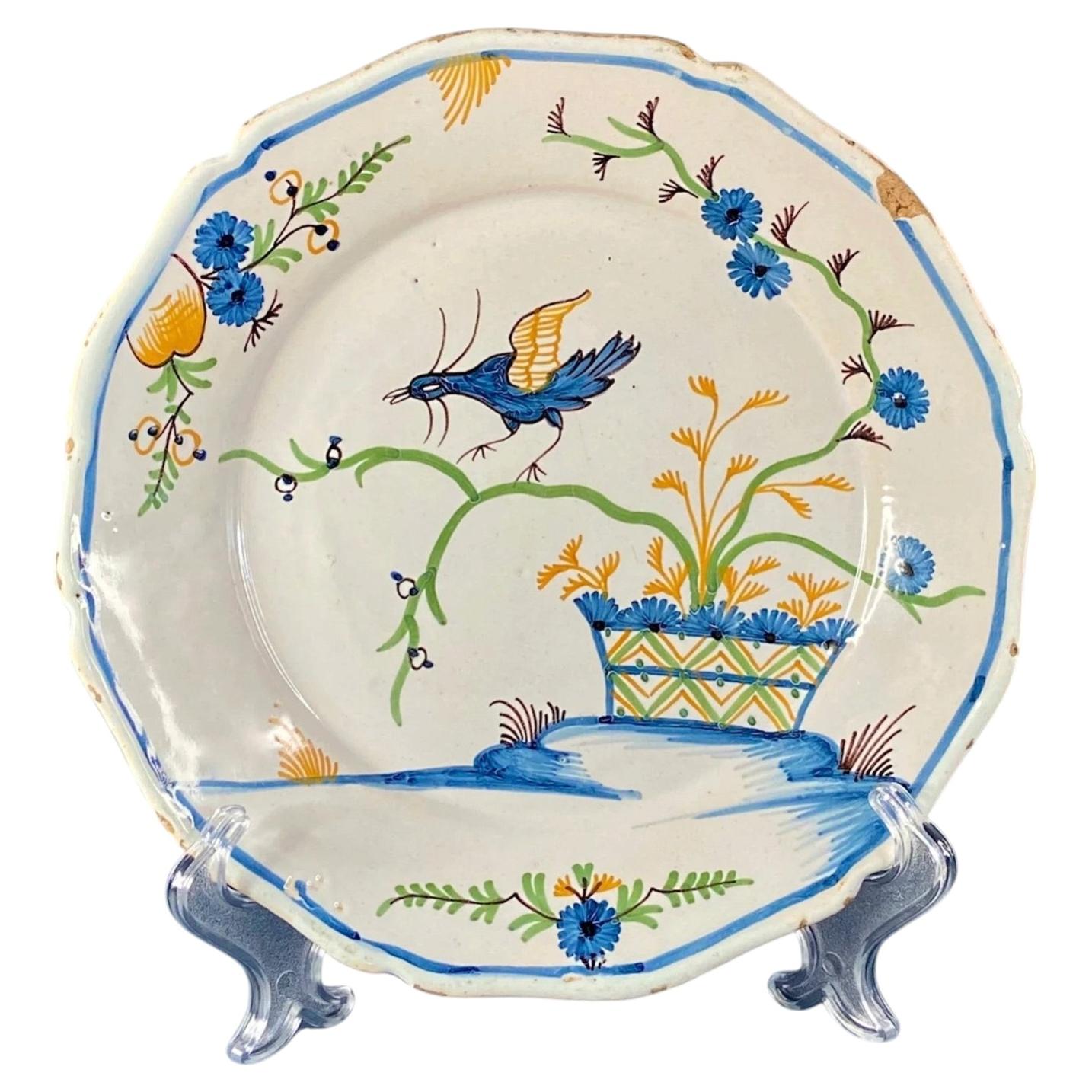 18th Century French Faience Nevers Plate - Chinoiserie Bird Decor - 9 in