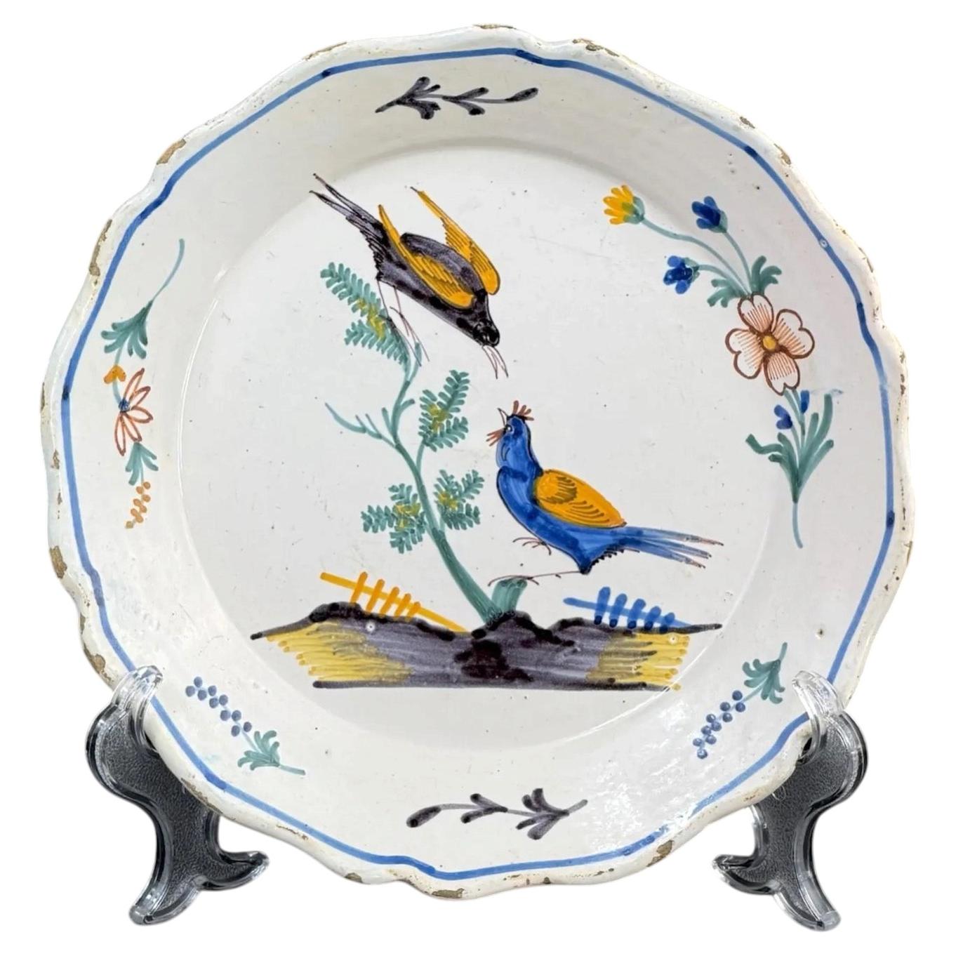 18th Century French Faience Nevers Plate - Chinoiserie Bird Decor - 9 in For Sale
