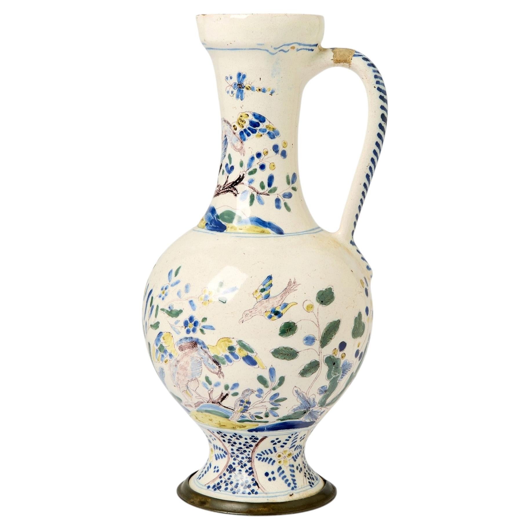 18th Century French Faience Pitcher (Ewer) with Polychrome Decoration