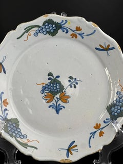 18th Century, French Faience Plate, La Rochelle, Polychrome Grapevine Decoration