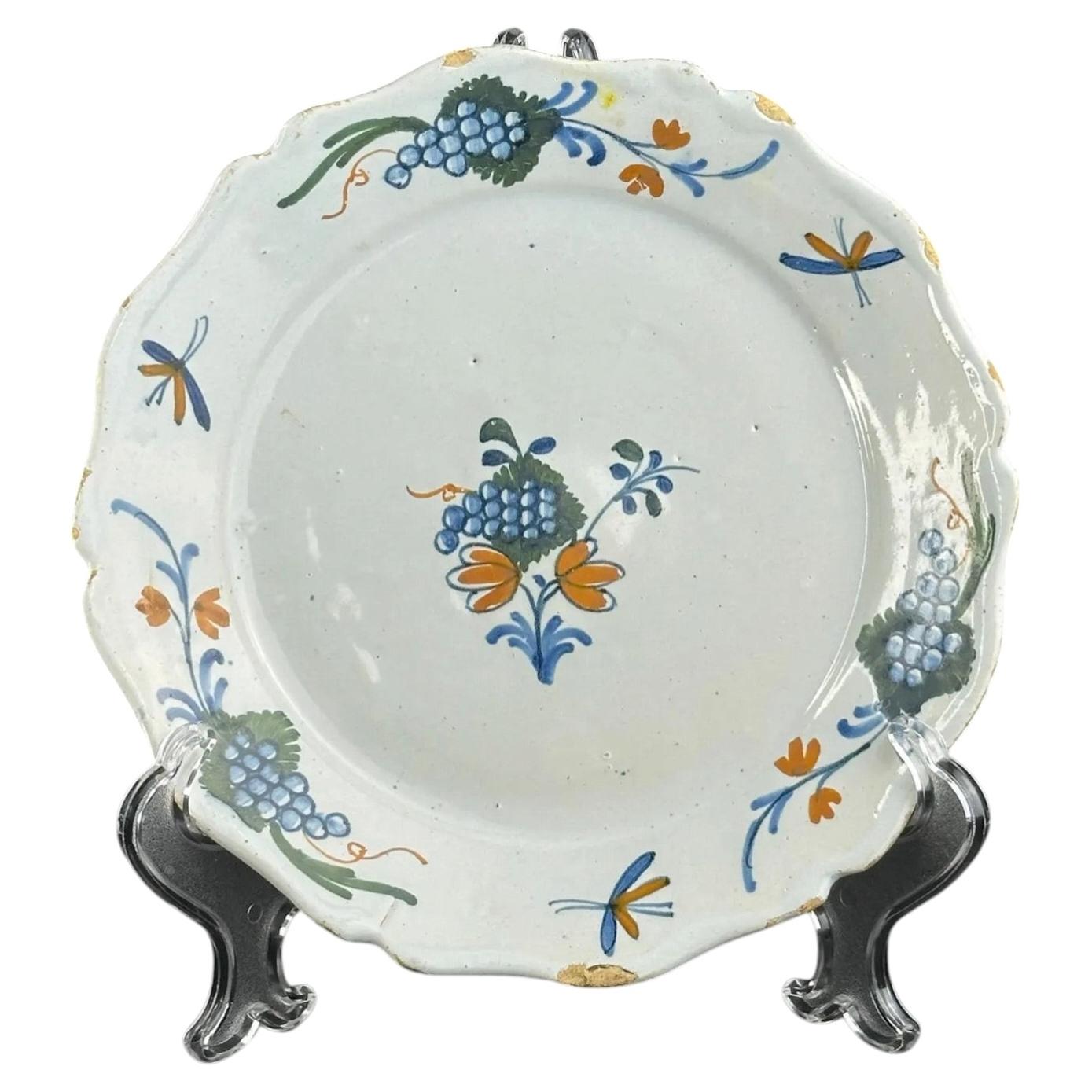 18th Century, French Faience Plate, La Rochelle, Polychrome Grapevine Decoration