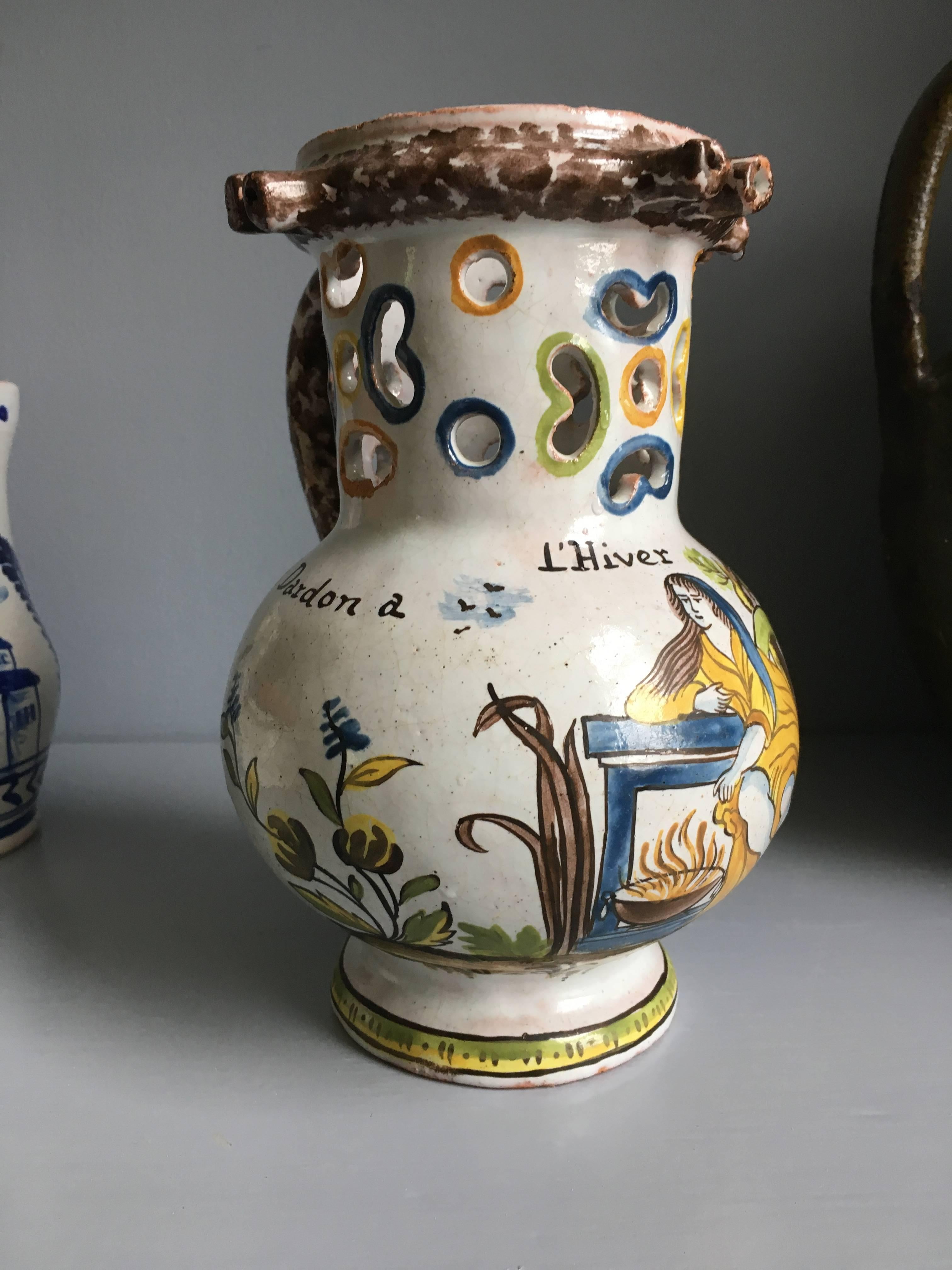 French Provincial 18th Century French Faience Puzzle Jug