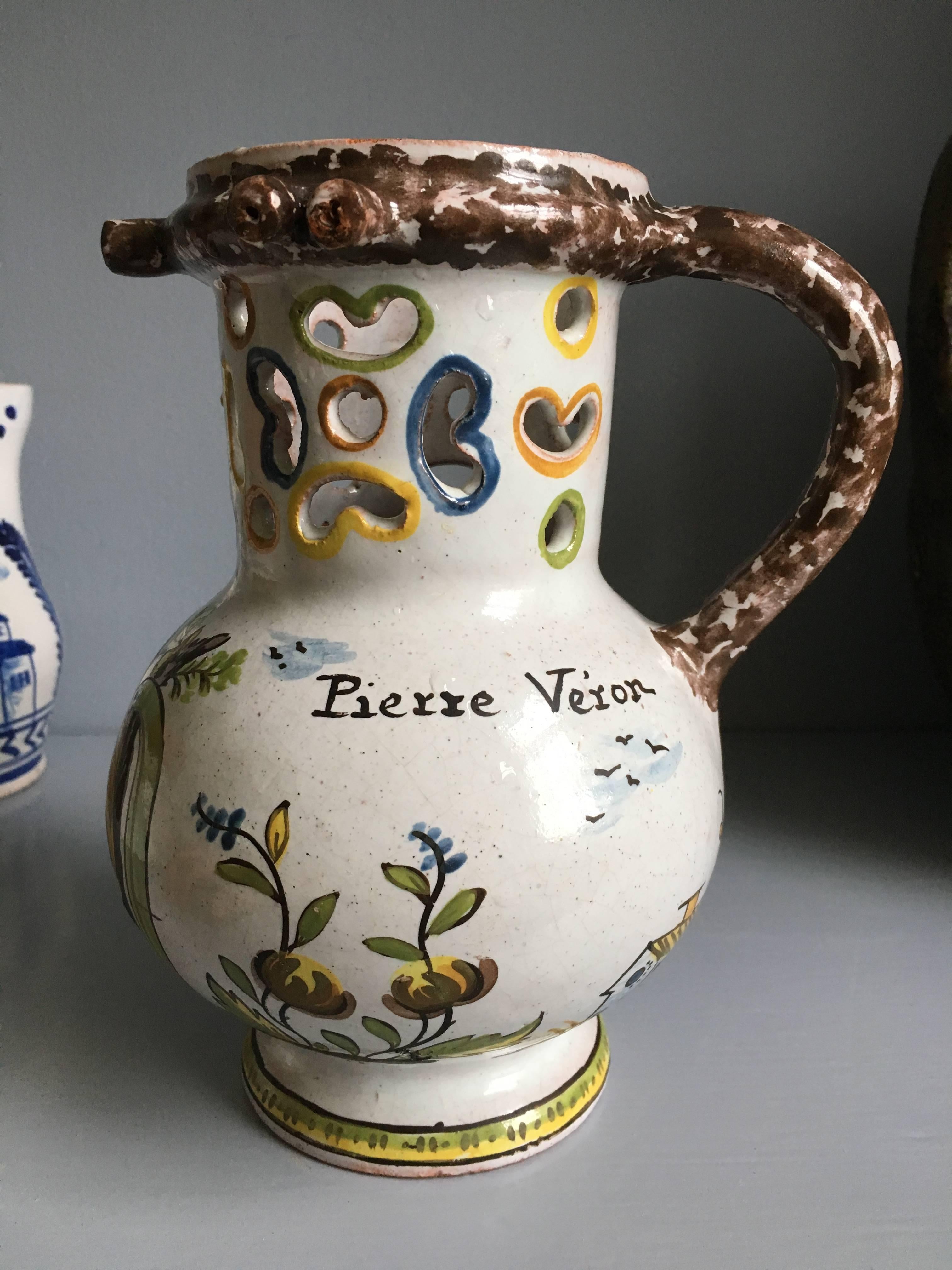18th Century and Earlier 18th Century French Faience Puzzle Jug