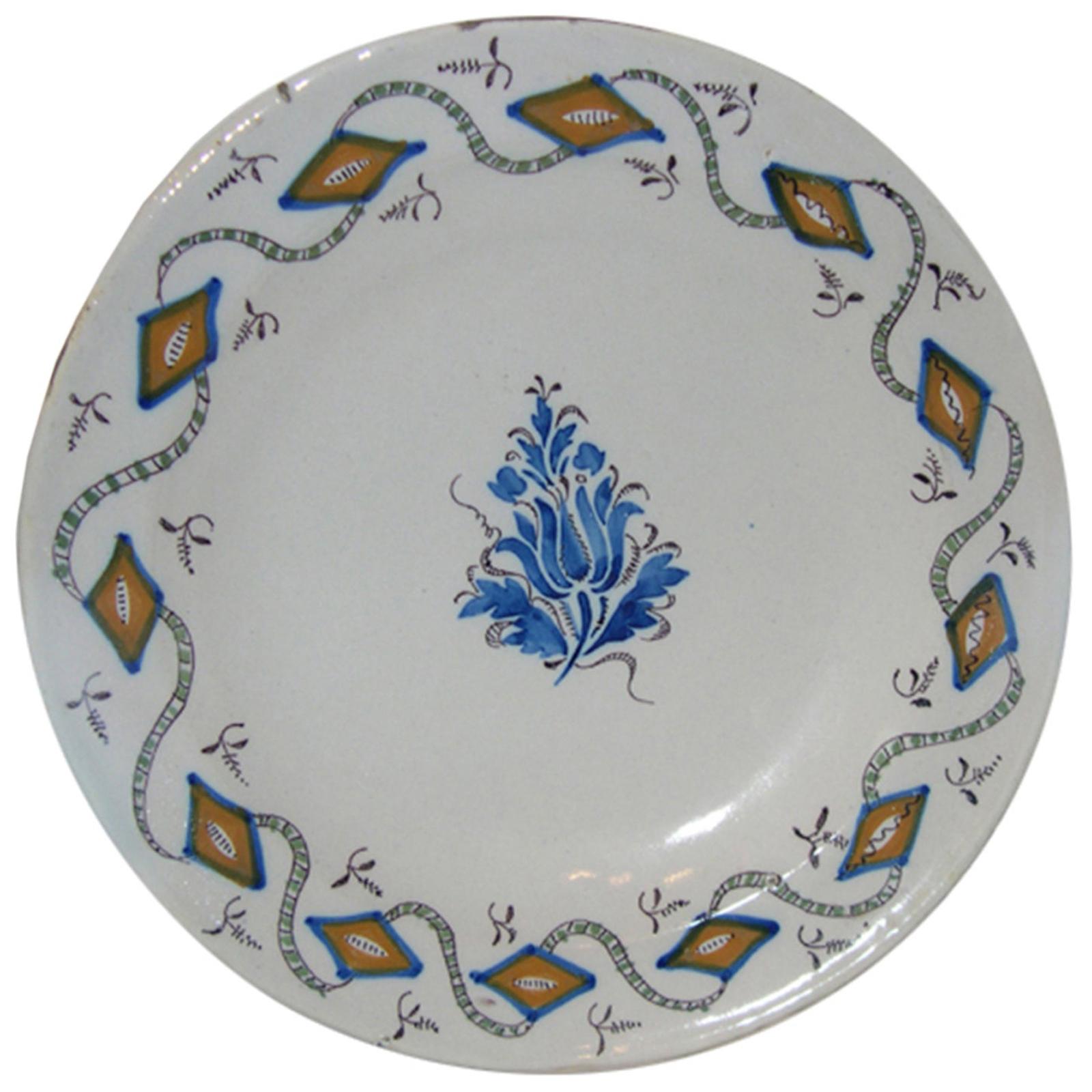 18th Century French Faience Round Porcelain Charger, Marked J.V.A. For Sale