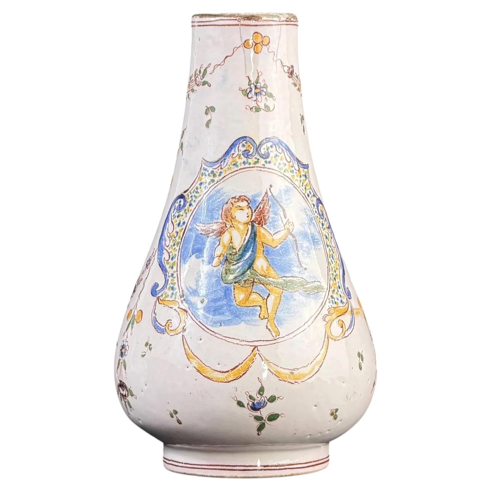 18th Century, French Faience Vase with Cherub, Nevers Style, Hand Painted For Sale