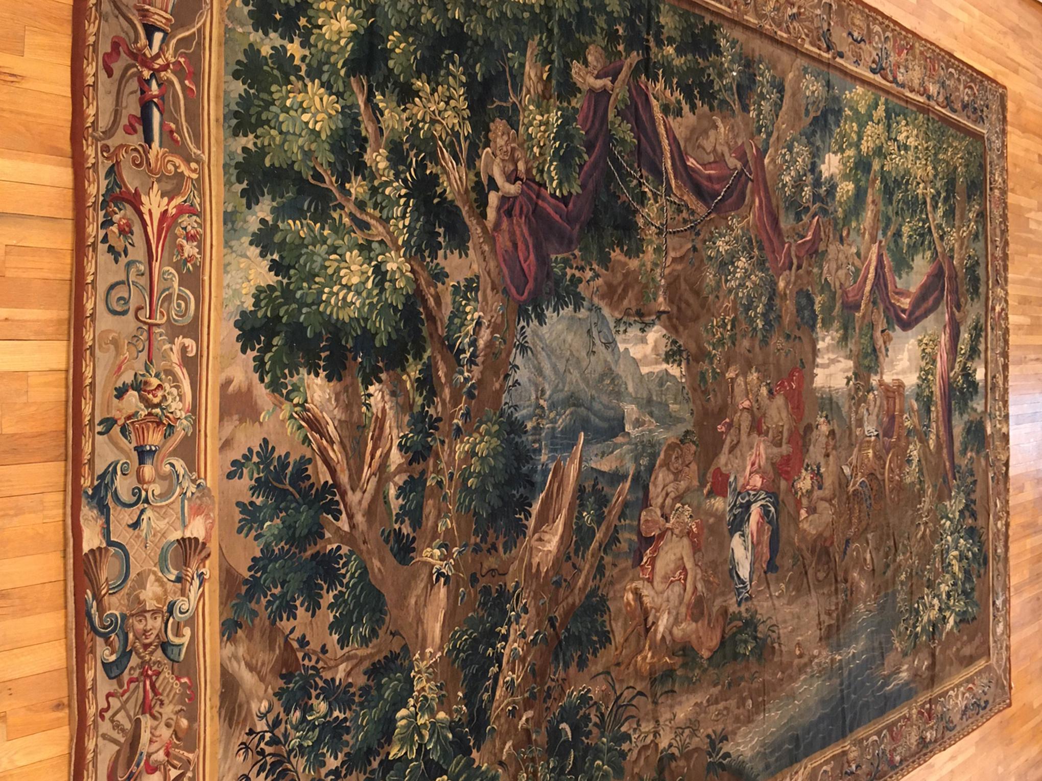 Hand-Woven 18th Century French Felletin Chinoiserie Mythological Tapestry w/ Trees & Satyrs For Sale
