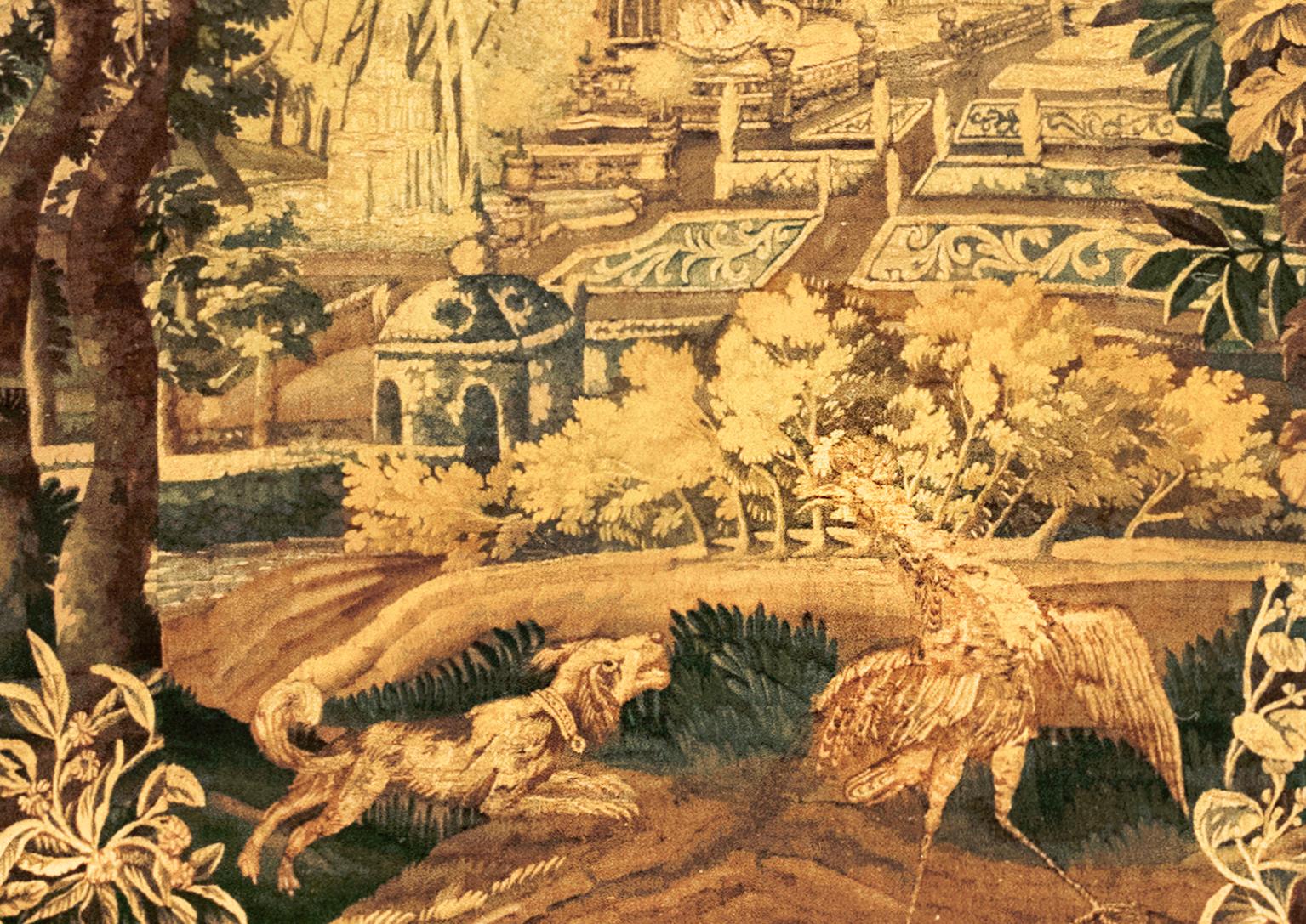 Hand-Woven 17th Century French Antique Verdure Landscape Tapestry w/ a dog &  a pheasant