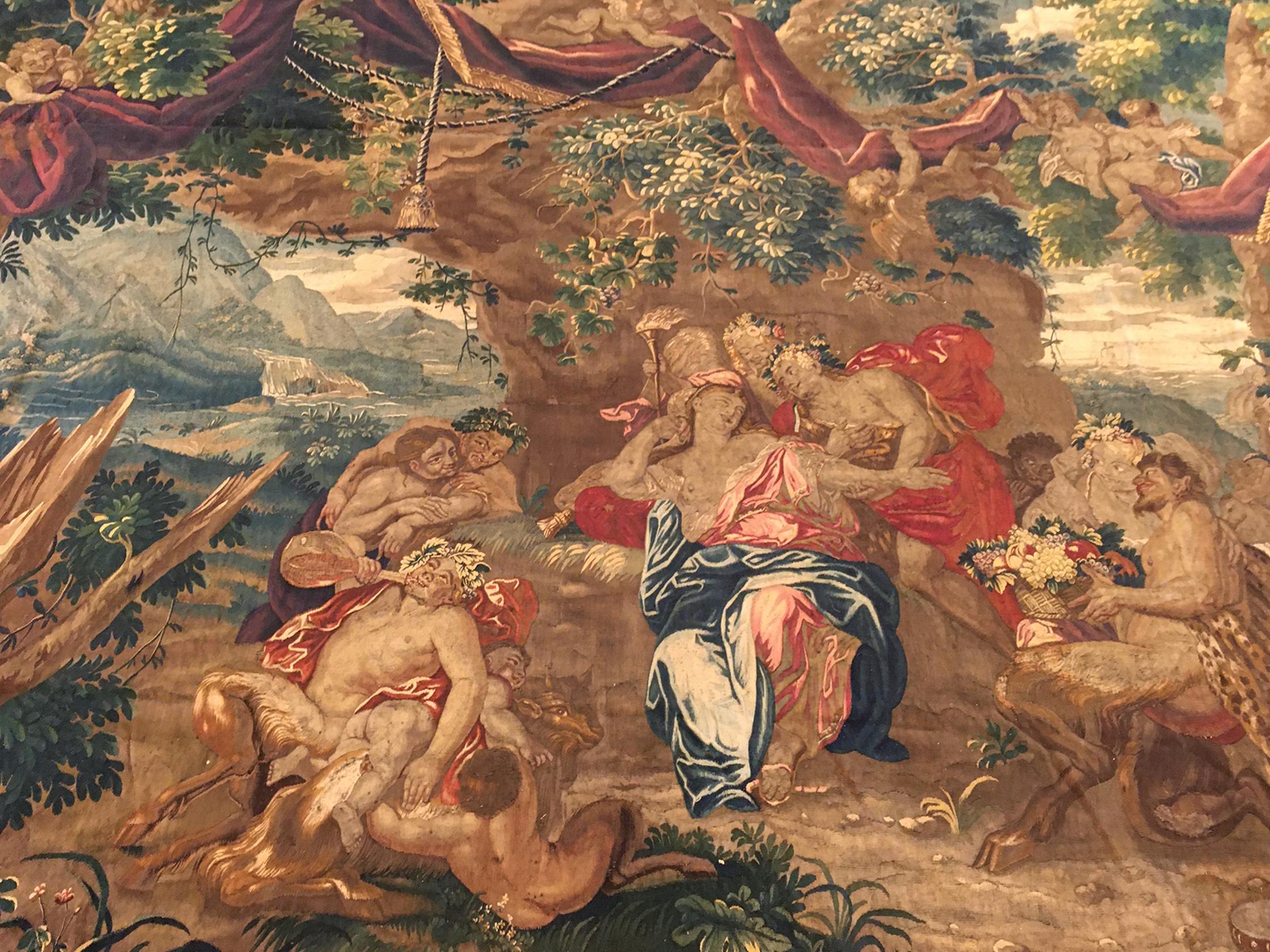 18th Century French Felletin Chinoiserie Mythological Tapestry w/ Trees & Satyrs In Good Condition For Sale In New York, NY