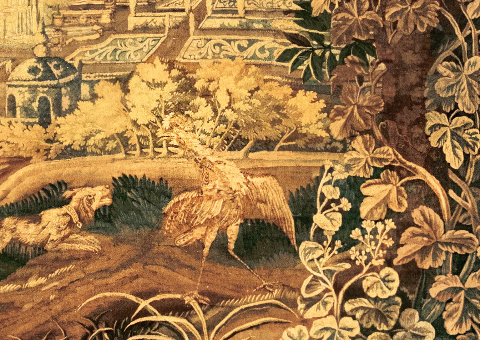 17th Century French Antique Verdure Landscape Tapestry w/ a dog &  a pheasant In Good Condition In New York, NY