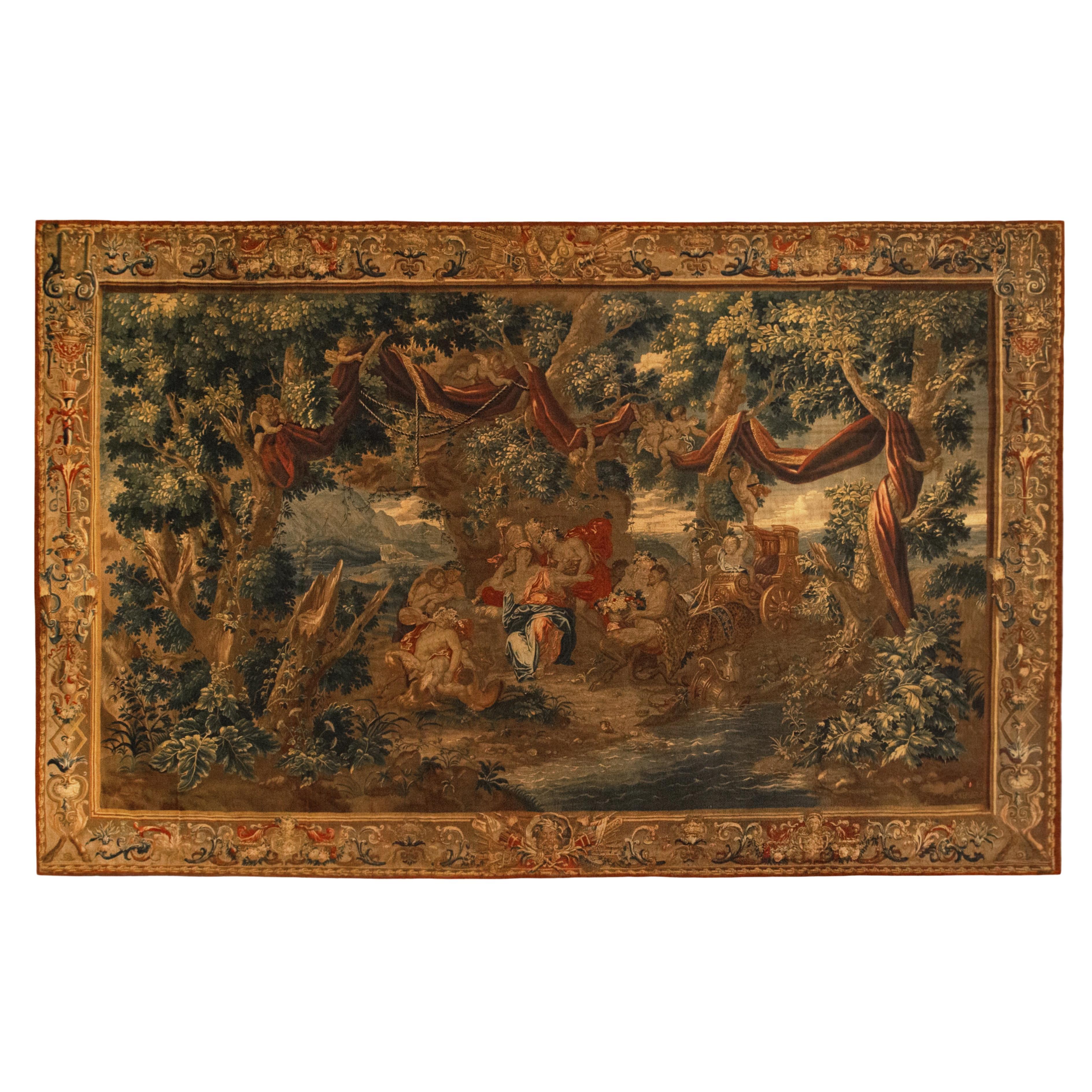 18th Century French Felletin Chinoiserie Mythological Tapestry w/ Trees & Satyrs