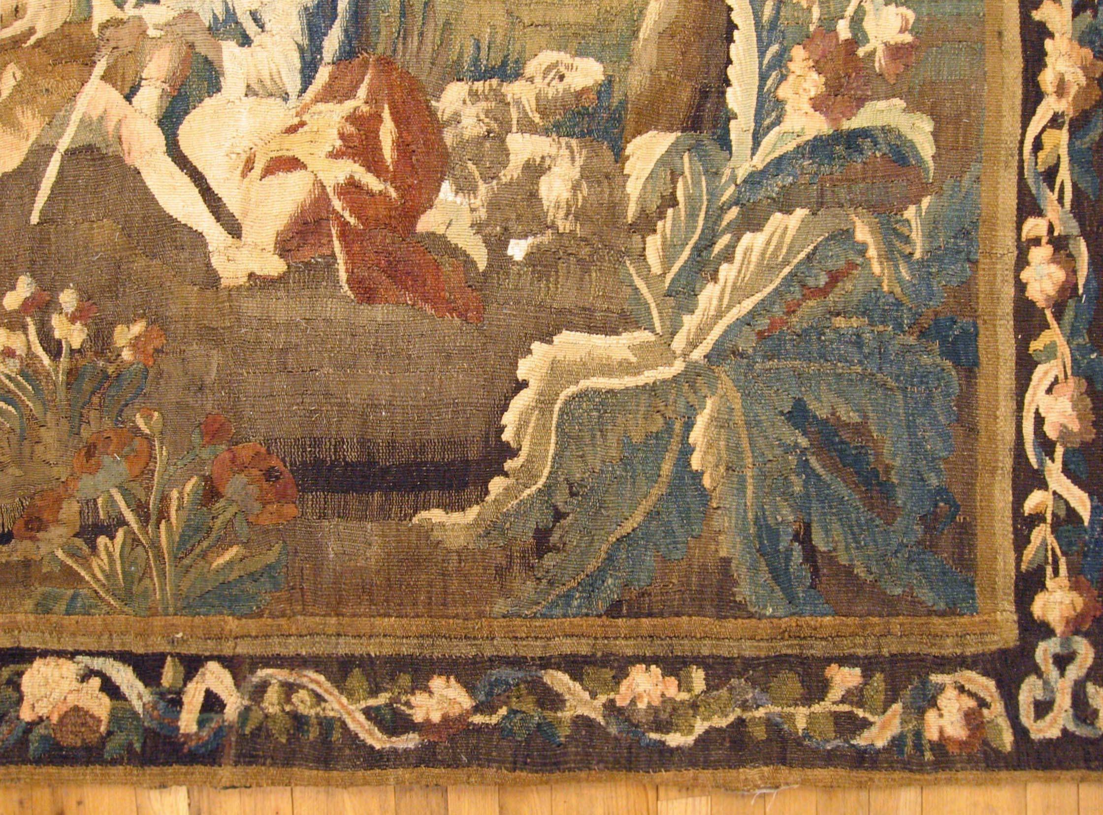 Hand-Woven 18th Cent. French Felletin Pastoral Tapestry, Youths Playing Music in the Wood For Sale