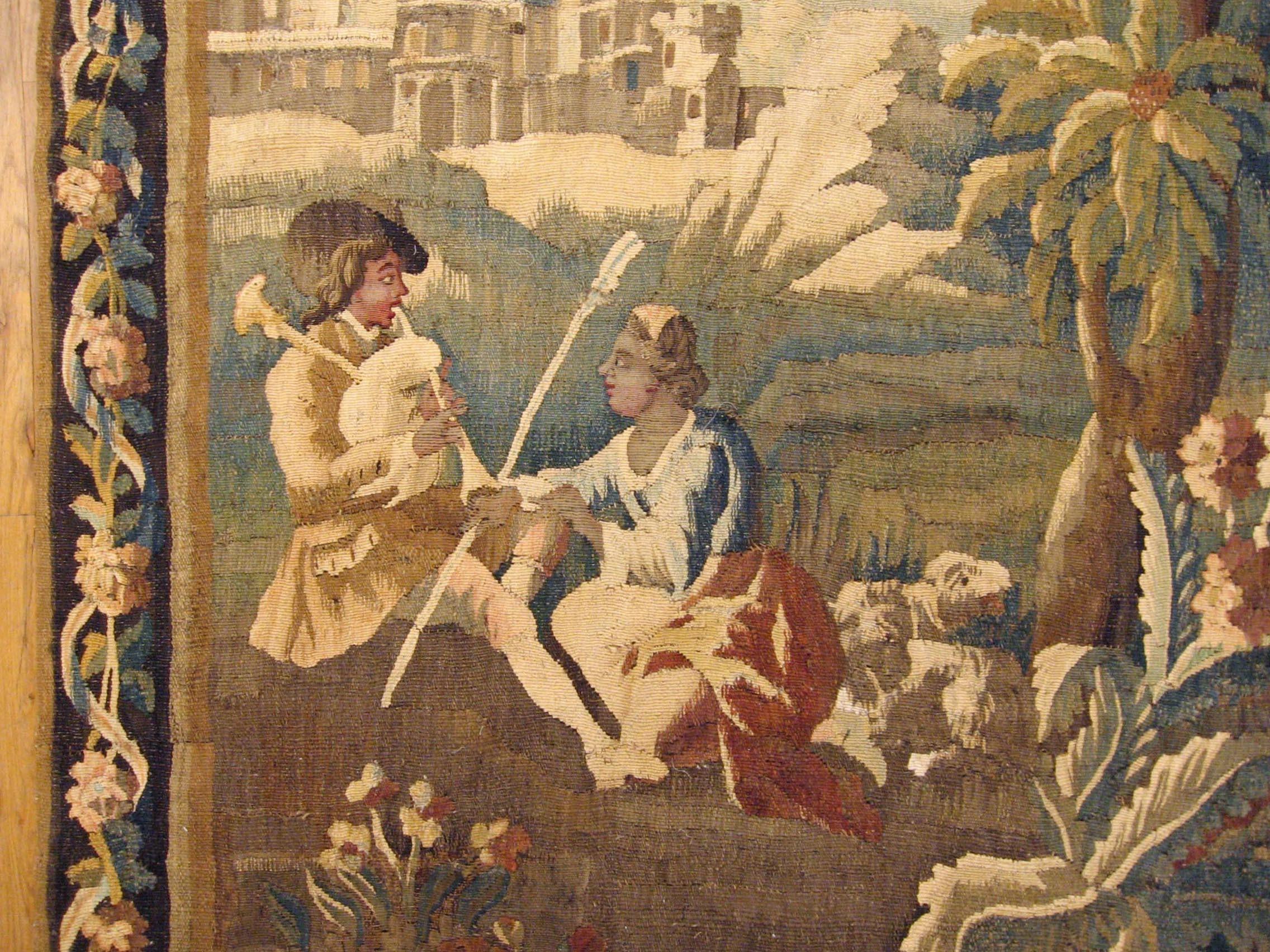 18th Cent. French Felletin Pastoral Tapestry, Youths Playing Music in the Wood In Good Condition For Sale In New York, NY