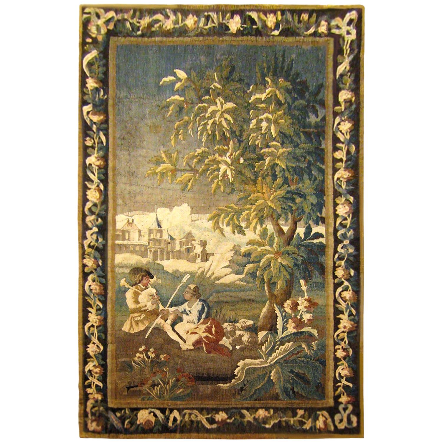 18th Cent. French Felletin Pastoral Tapestry, Youths Playing Music in the Wood For Sale