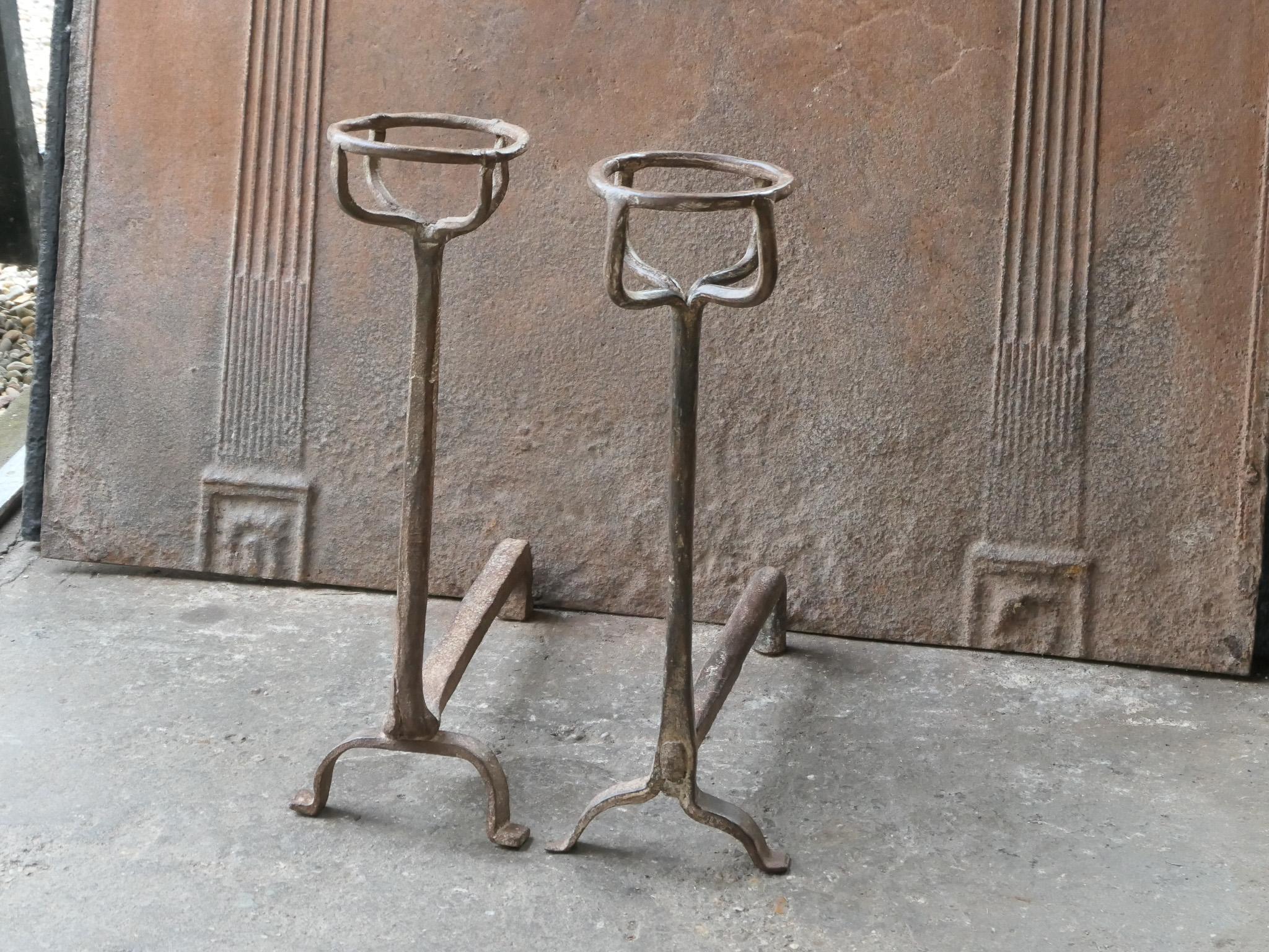 18th Century French fire andirons, Gothic style. Made of wrought iron. The andirons are in good condition and are fully functional. 