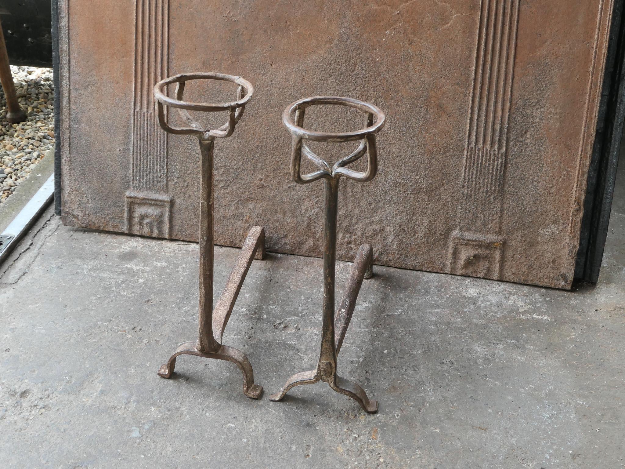 Forged 18th Century French Fire Andirons, Gothic Style For Sale