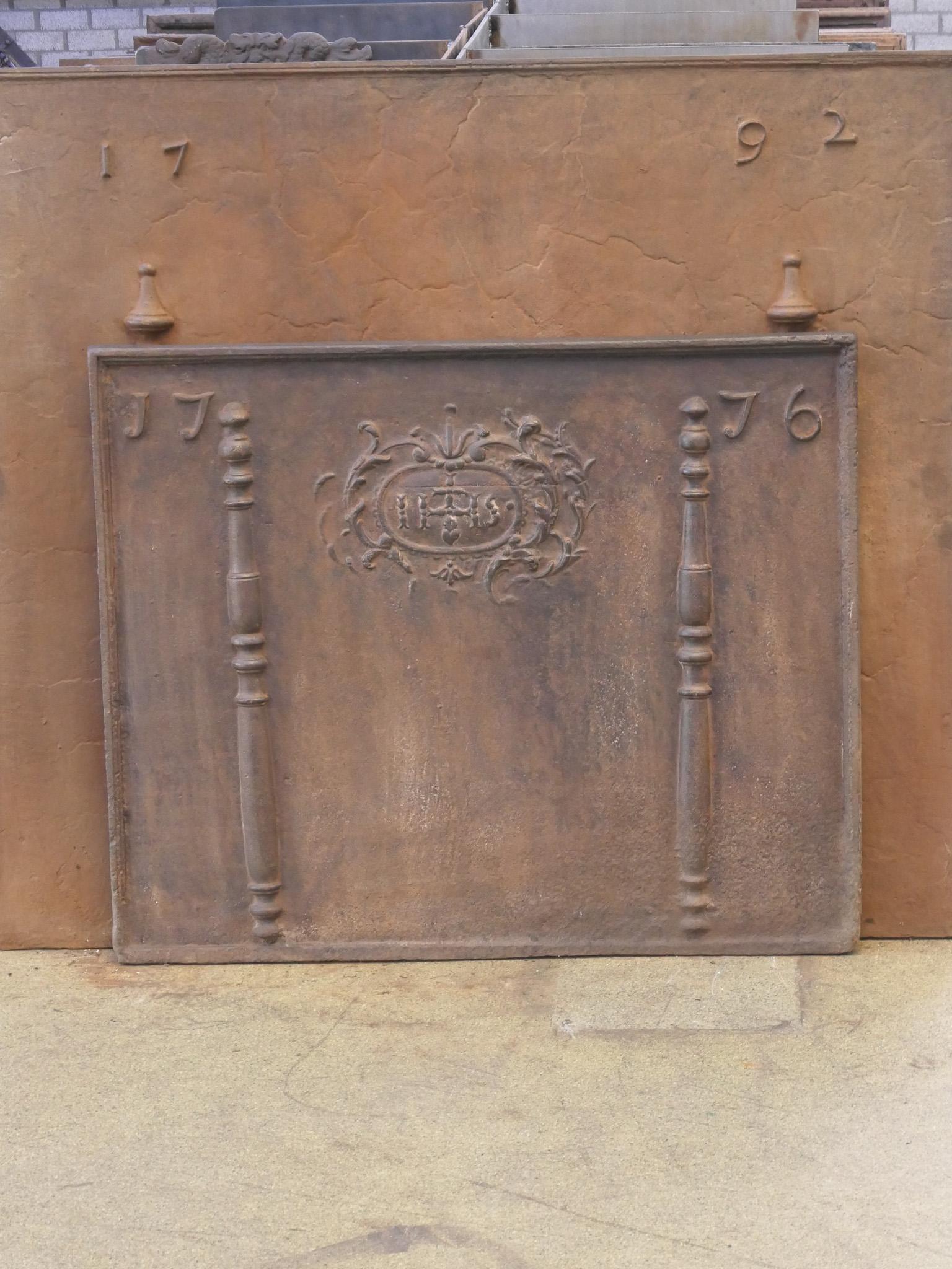 Cast 18th Century French Fireback / Backsplash 'Pillars with Medieval IHS Monogram' For Sale