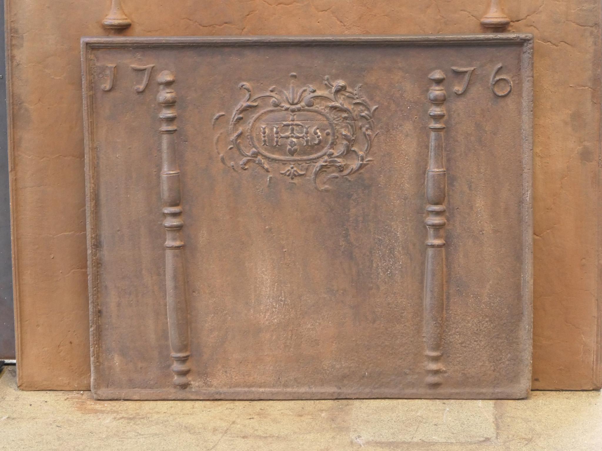 18th Century and Earlier 18th Century French Fireback / Backsplash 'Pillars with Medieval IHS Monogram' For Sale