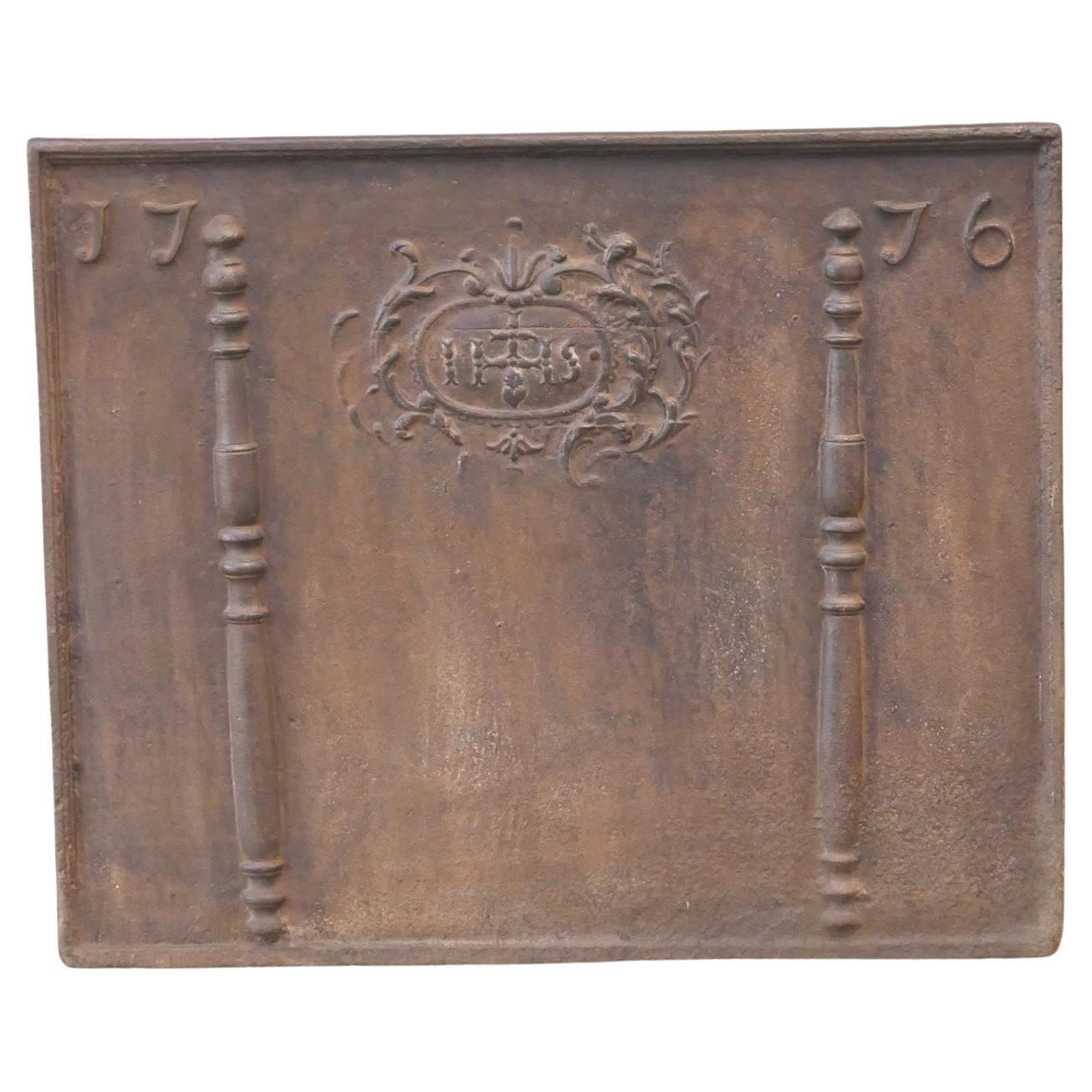 18th Century French Fireback / Backsplash 'Pillars with Medieval IHS Monogram'