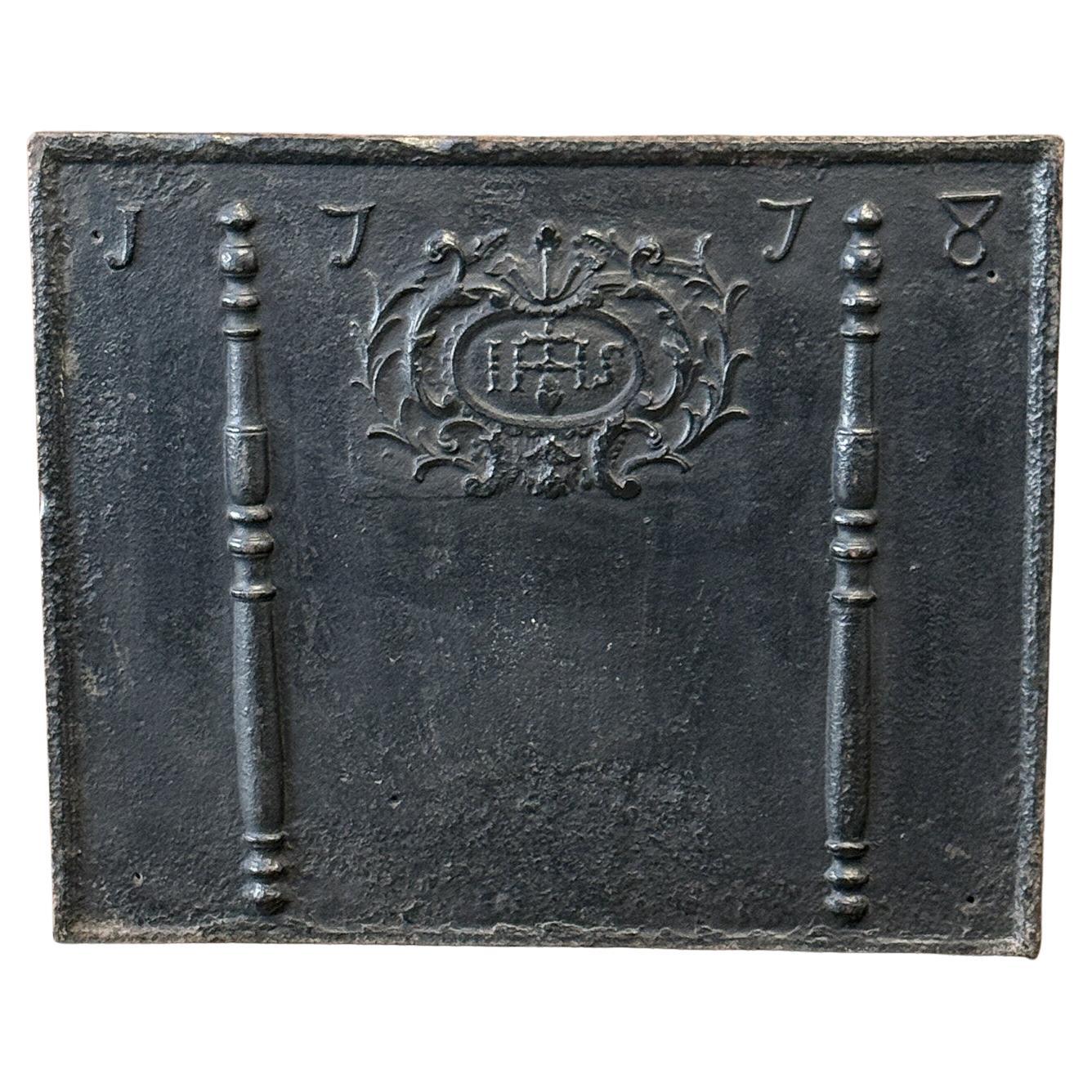 18th Century French Fireback / Backsplash 'Pillars with Medieval IHS Monogram'