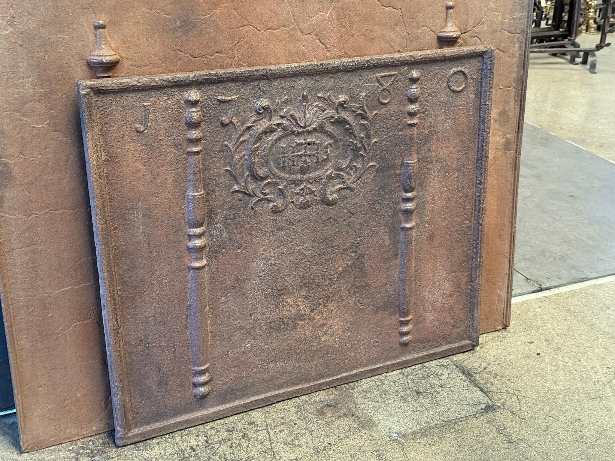 Cast 18th Century French Fireback / Backsplash Pillars with Medieval IHS Monograms For Sale