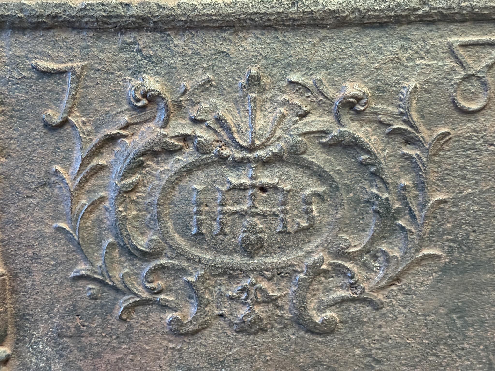 Iron 18th Century French Fireback / Backsplash Pillars with Medieval IHS Monograms For Sale