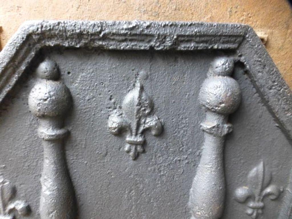 Bellissimo parafuoco francese del XVIII secolo del periodo Luigi XIV con colonne e Fleurs de Lys. Il Fleur de Lys (giglio francese) simboleggiava la regalità e l'aristocrazia in tutta Europa. I pilastri rappresentano la clava di Ercole e