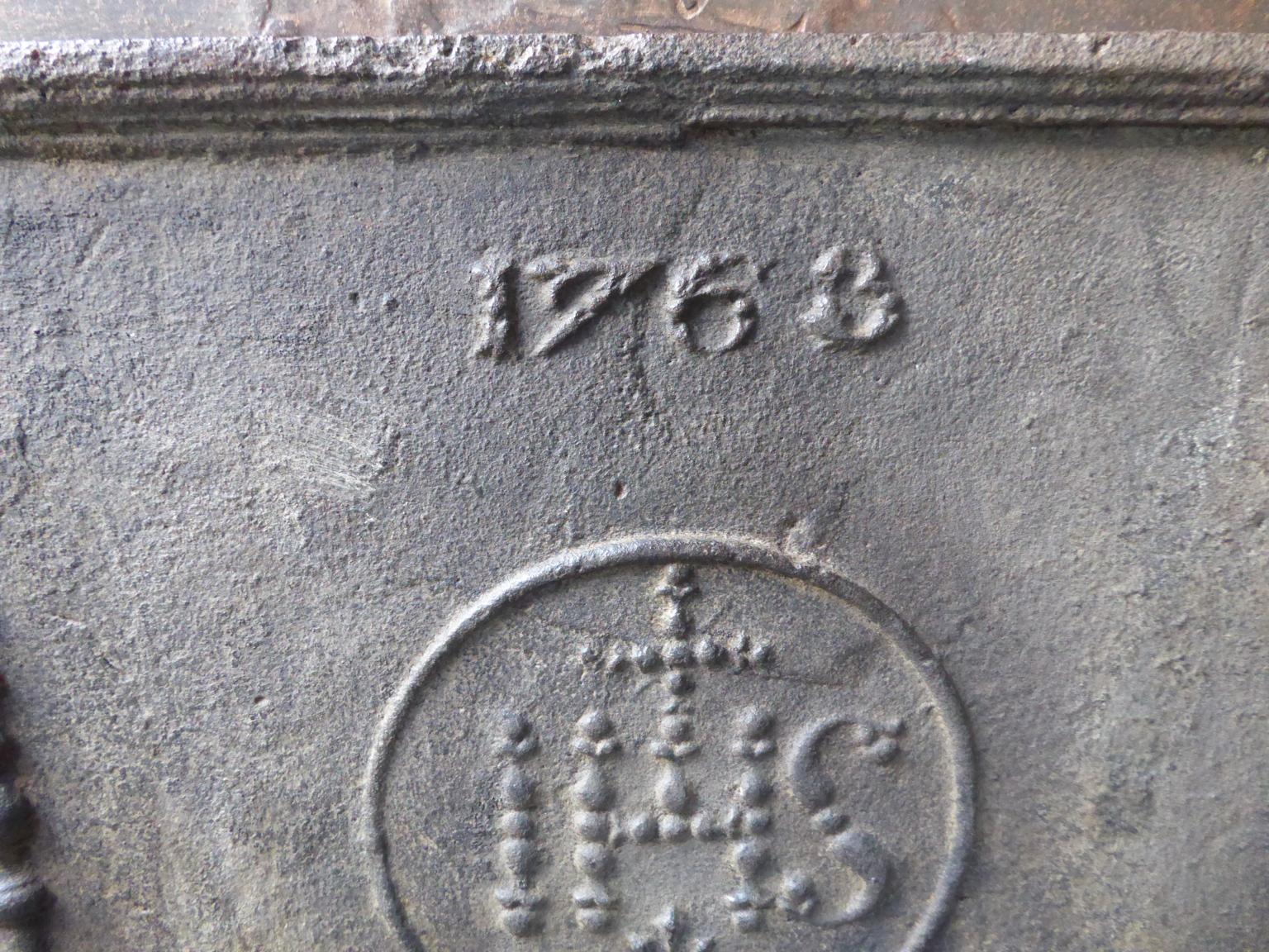 Cast 18th Century French Fireback 'Pillars with Medieval IHS Monogram'
