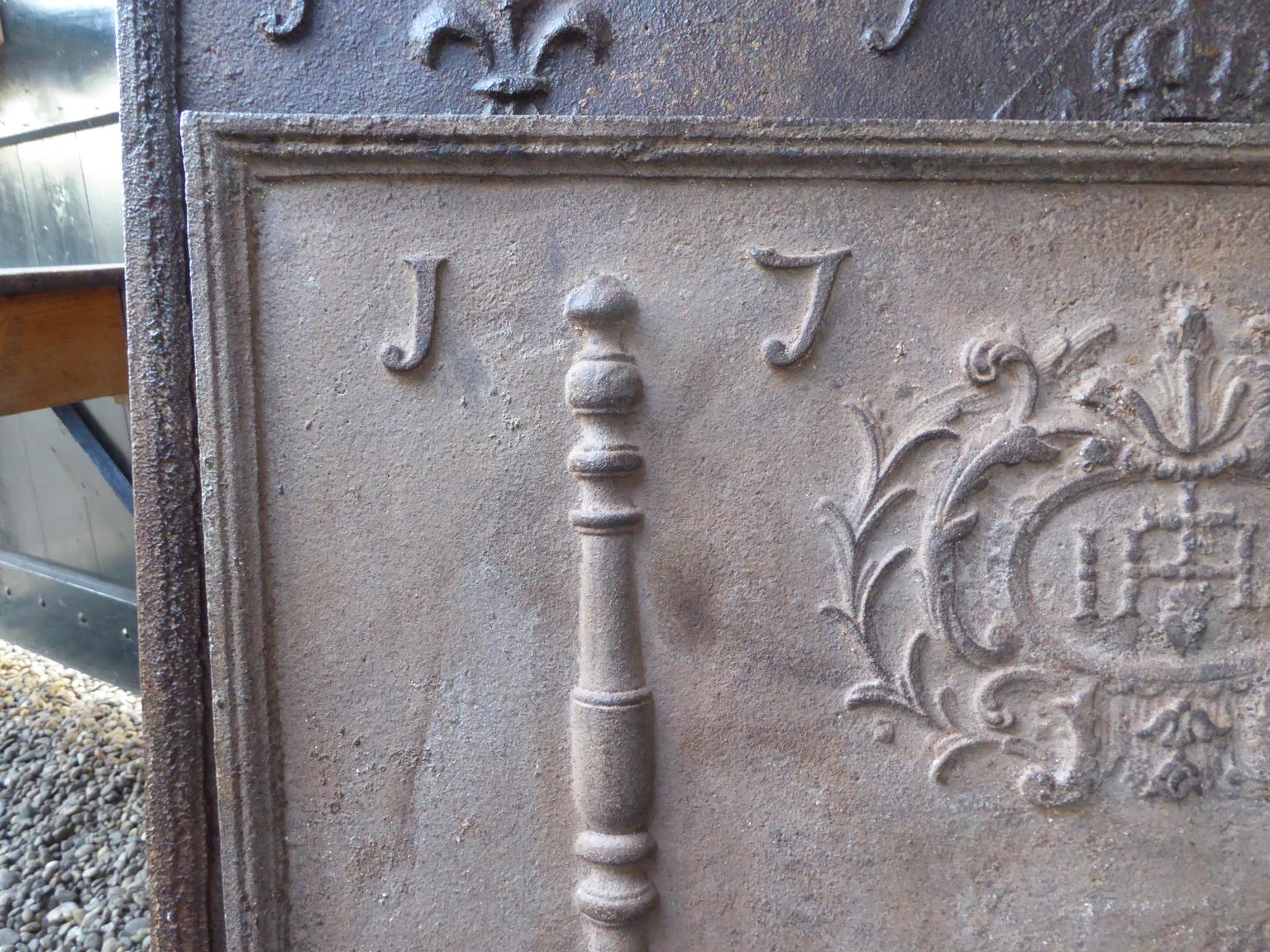 18th Century and Earlier 18th Century French Fireback / Backsplash 'Pillars with Medieval IHS Monogram' For Sale