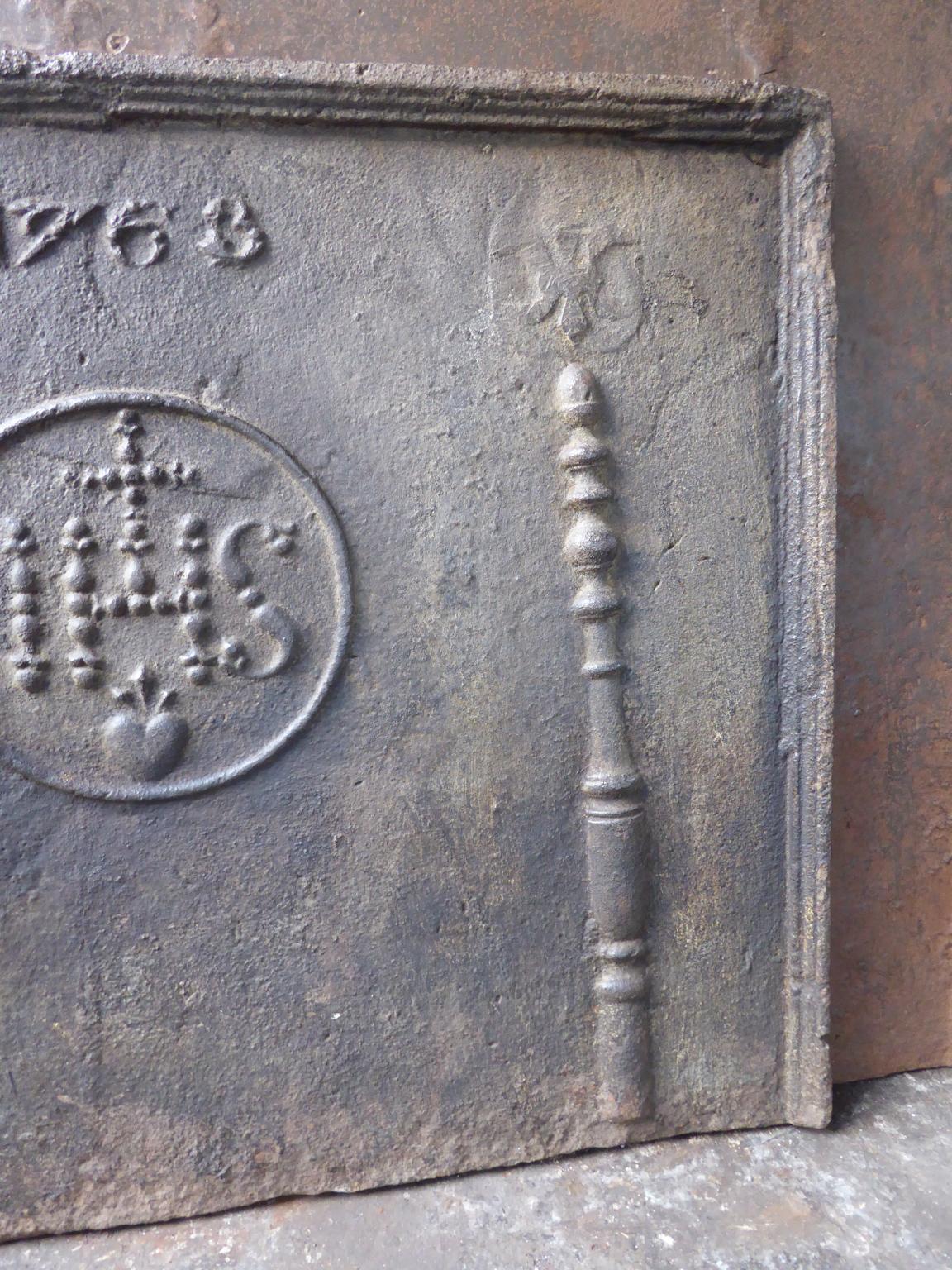 18th Century and Earlier 18th Century French Fireback 'Pillars with Medieval IHS Monogram'