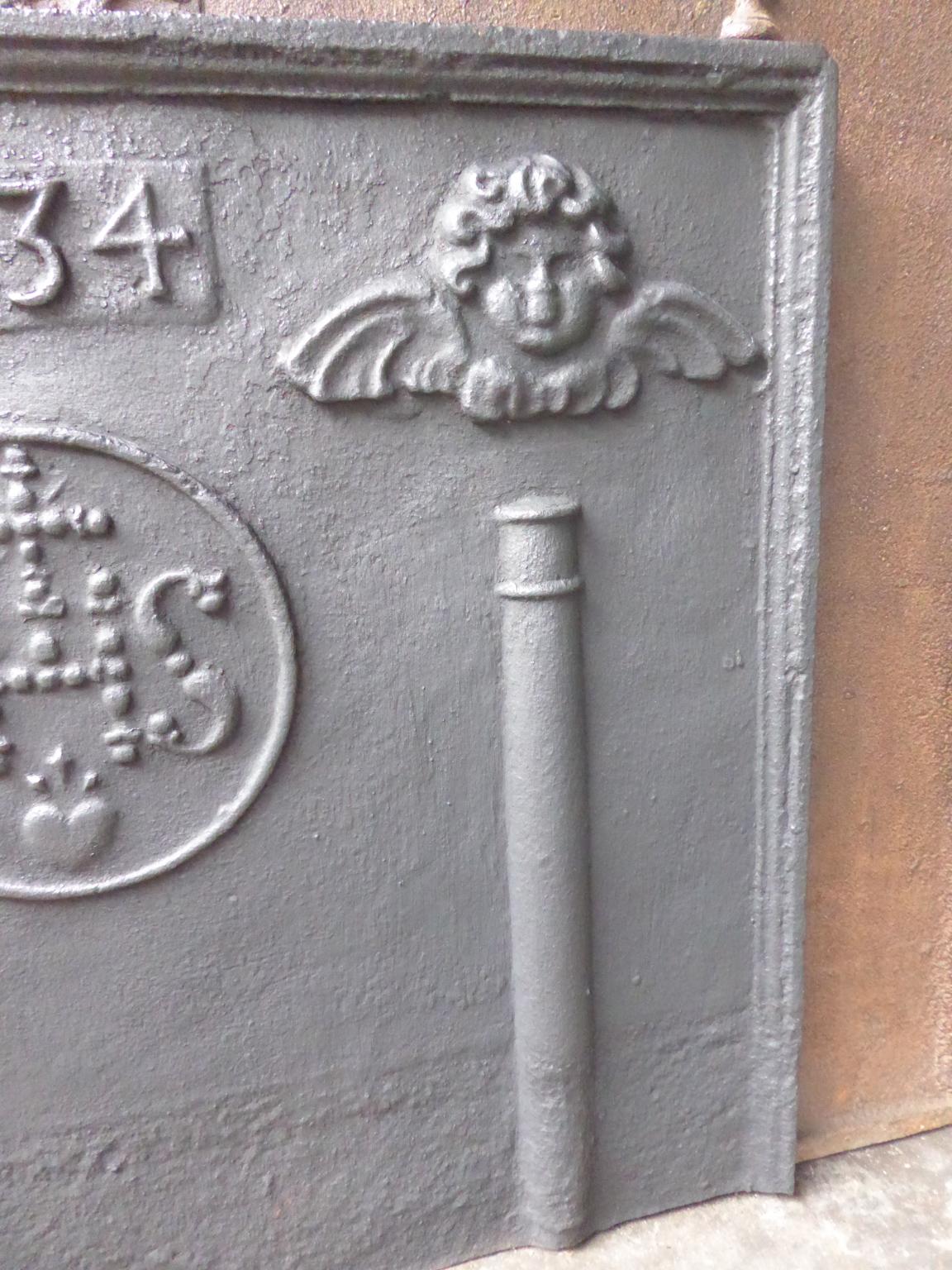 Iron 18th Century French Fireback / Backsplash Pillars with Medieval IHS Monogram For Sale