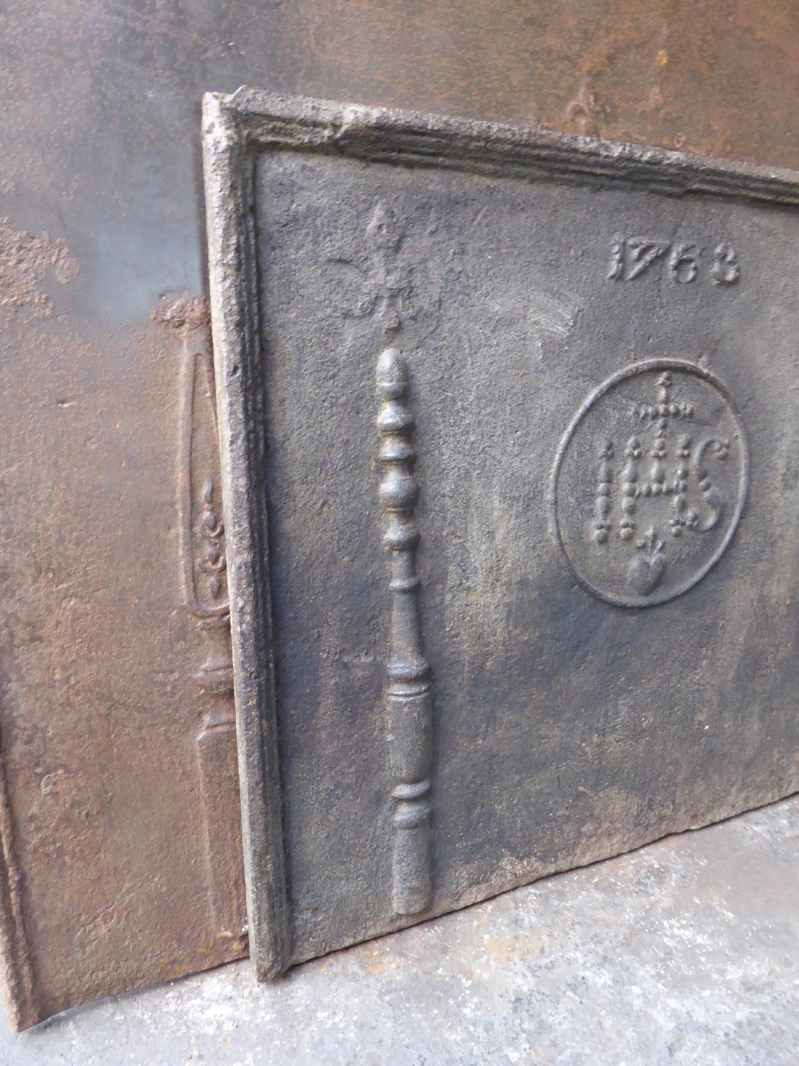 Iron 18th Century French Fireback 'Pillars with Medieval IHS Monogram'