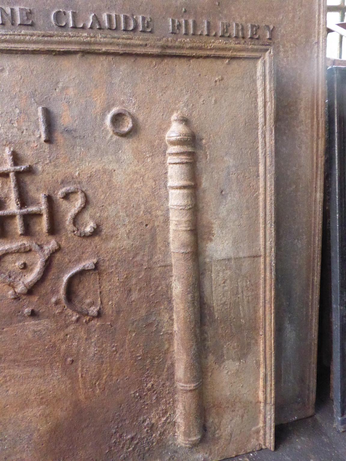 Iron 18th Century French Fireback / Backsplash 'Pillars with Medieval IHS Monogram' For Sale