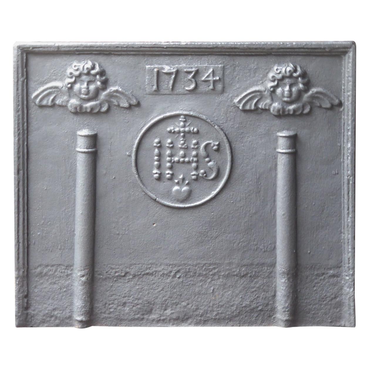 18th Century French Fireback / Backsplash Pillars with Medieval IHS Monogram For Sale