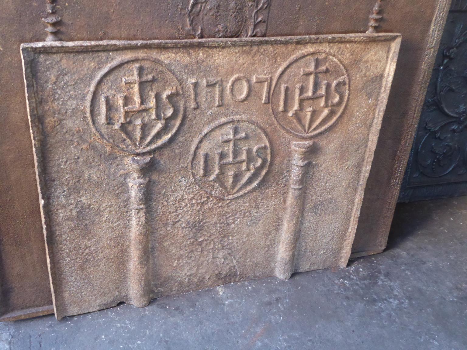 Louis XIV 18th Century French Fireback Pillars with Medieval IHS Monograms