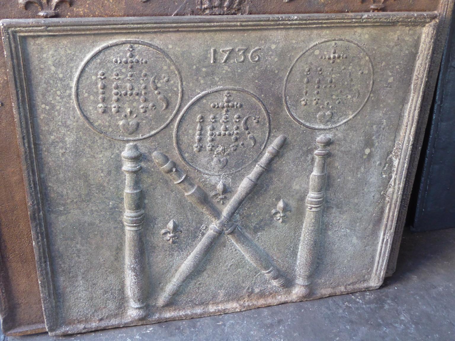 Louis XIV 18th Century French Fireback / Backsplash Pillars with Medieval IHS Monograms For Sale