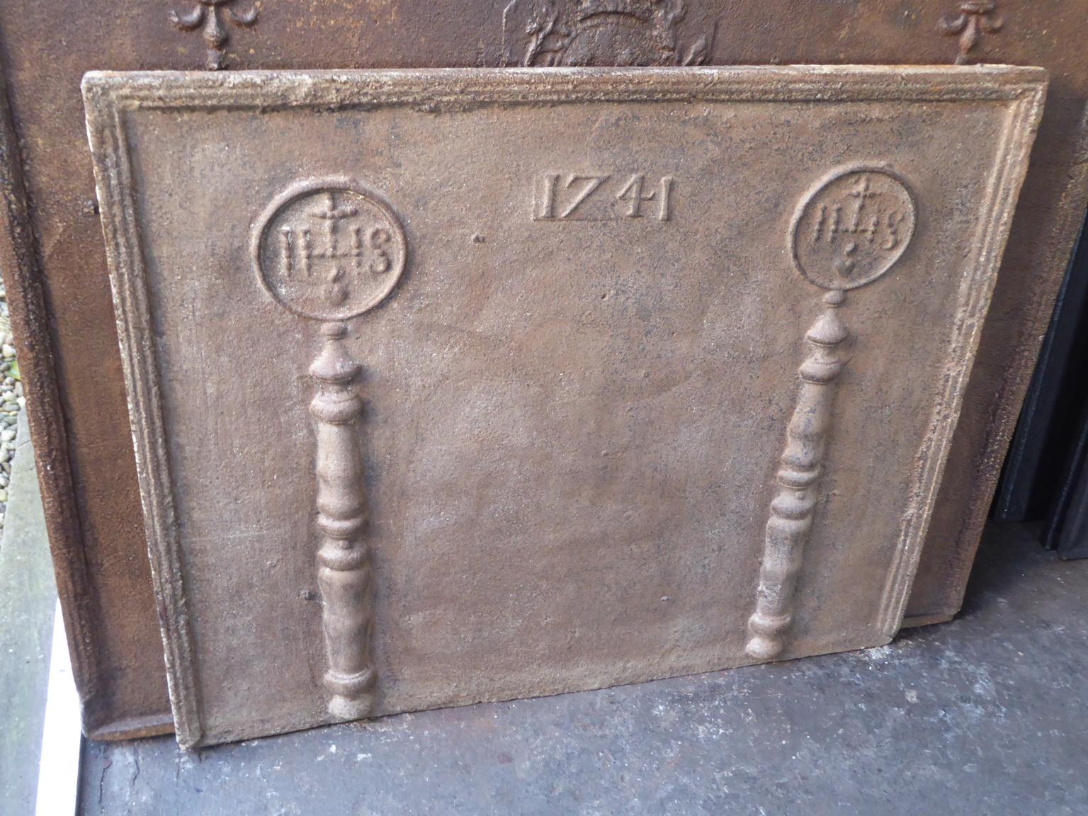 Louis XIV 18th Century French Fireback / Backsplash 'Pillars with Medieval IHS Monograms' For Sale