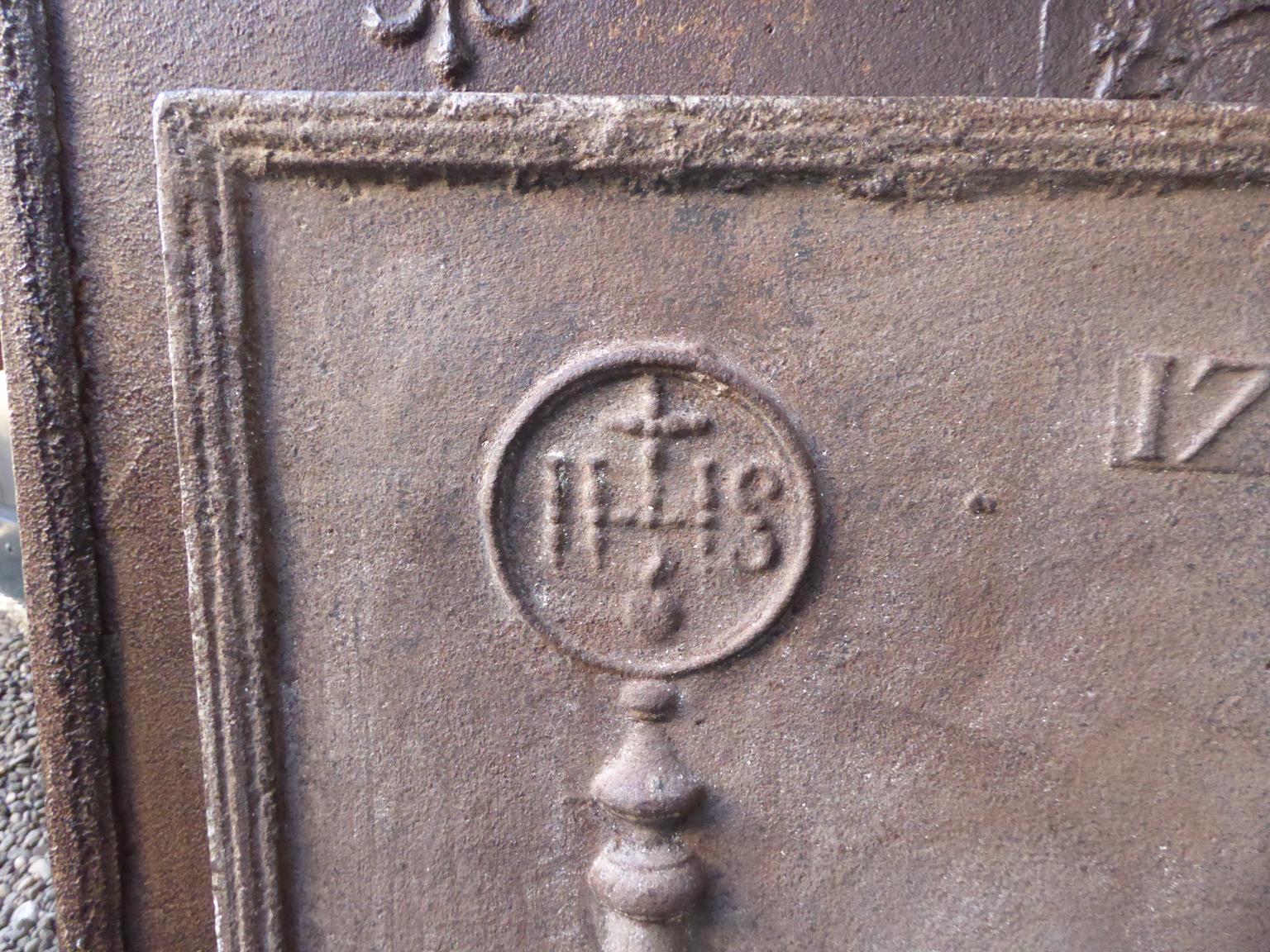 Cast 18th Century French Fireback / Backsplash 'Pillars with Medieval IHS Monograms' For Sale