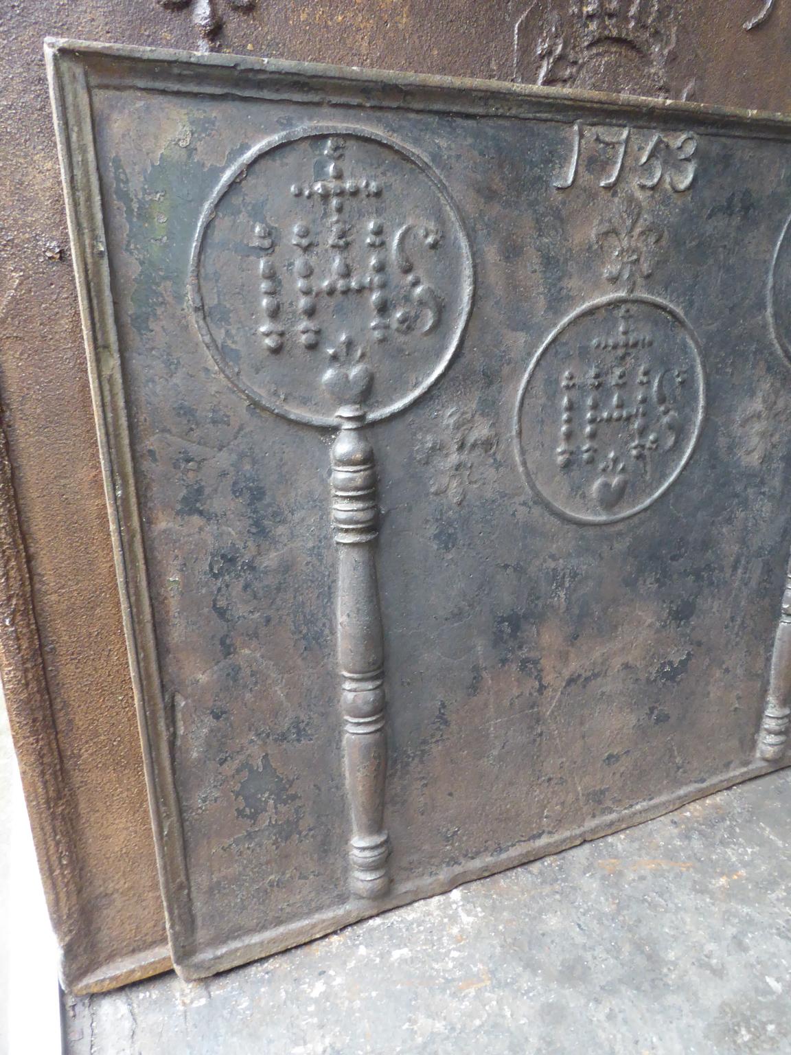 Cast 18th Century French Fireback Pillars with Medieval IHS Monograms