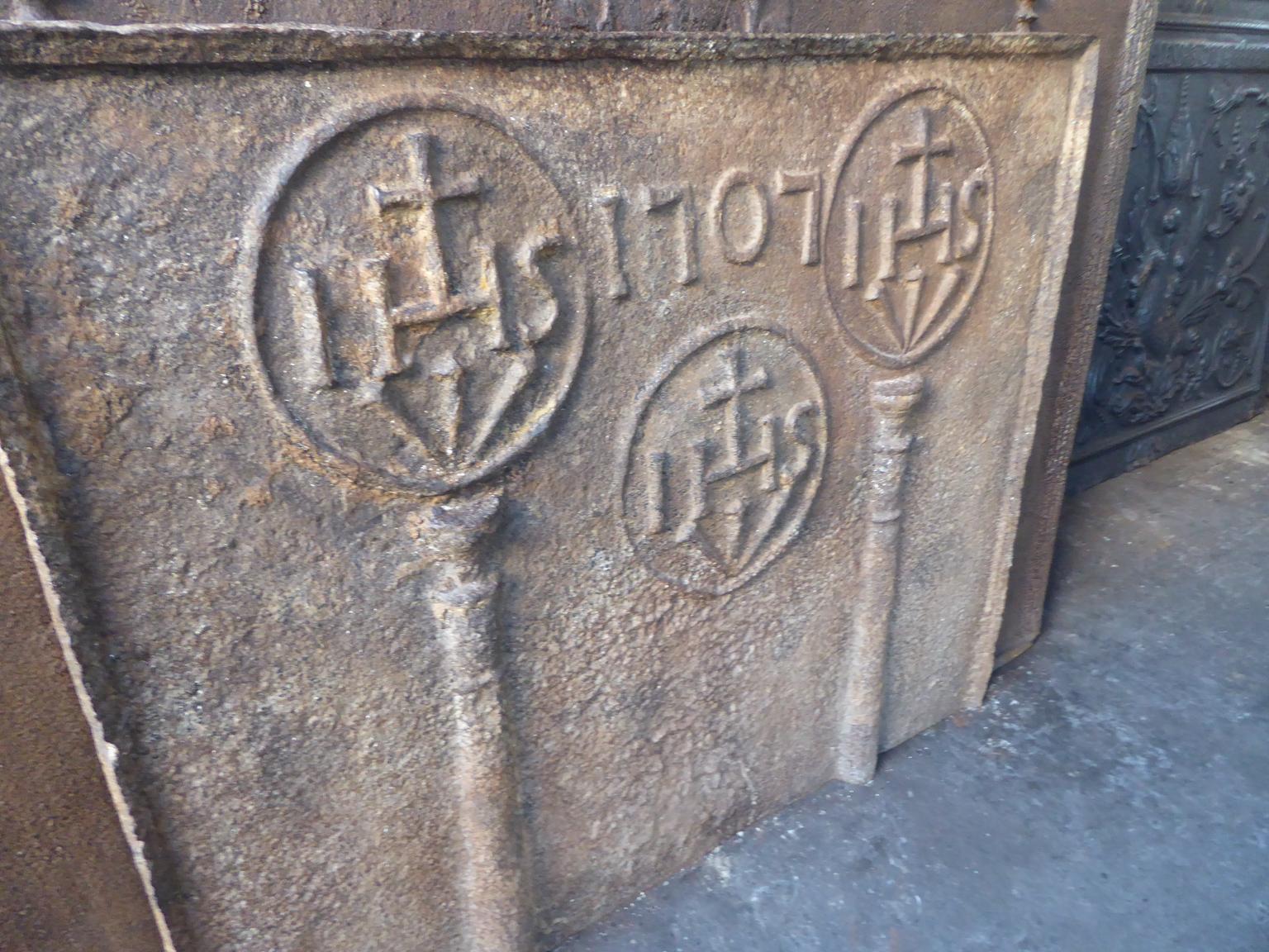 Iron 18th Century French Fireback Pillars with Medieval IHS Monograms