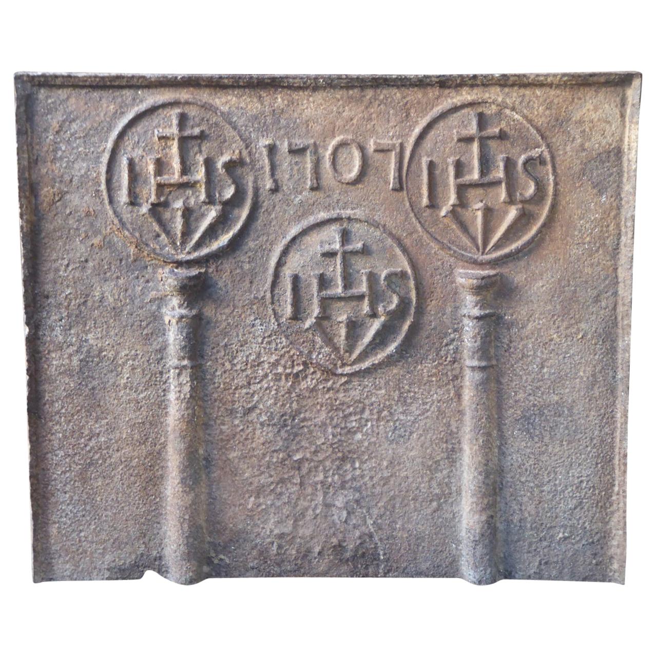 18th Century French Fireback Pillars with Medieval IHS Monograms