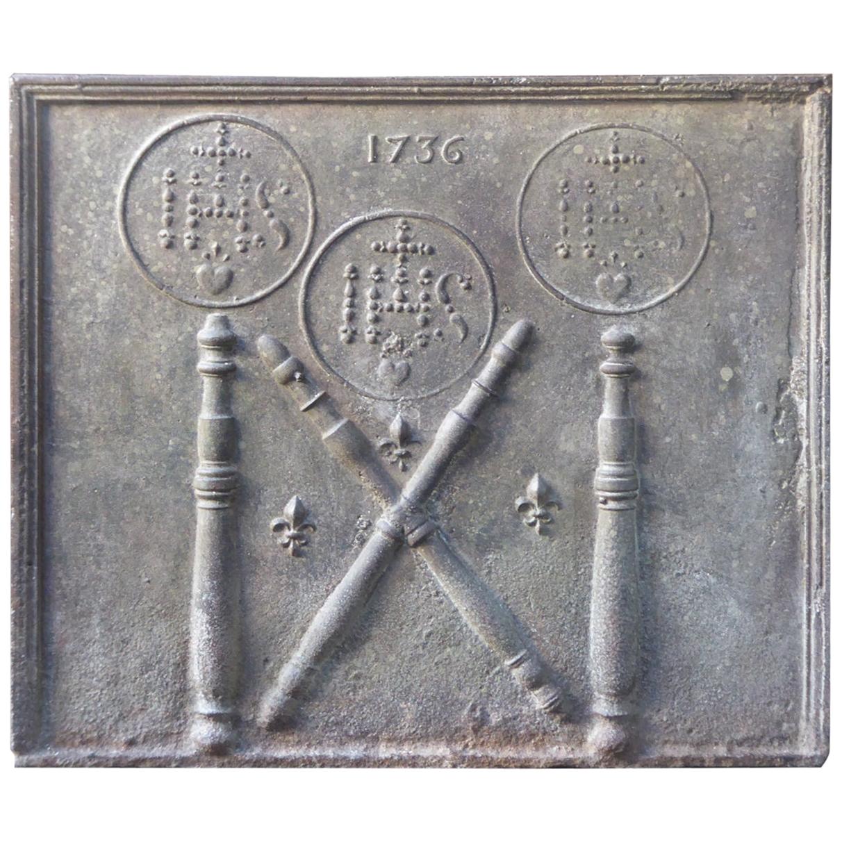 18th Century French Fireback / Backsplash Pillars with Medieval IHS Monograms For Sale