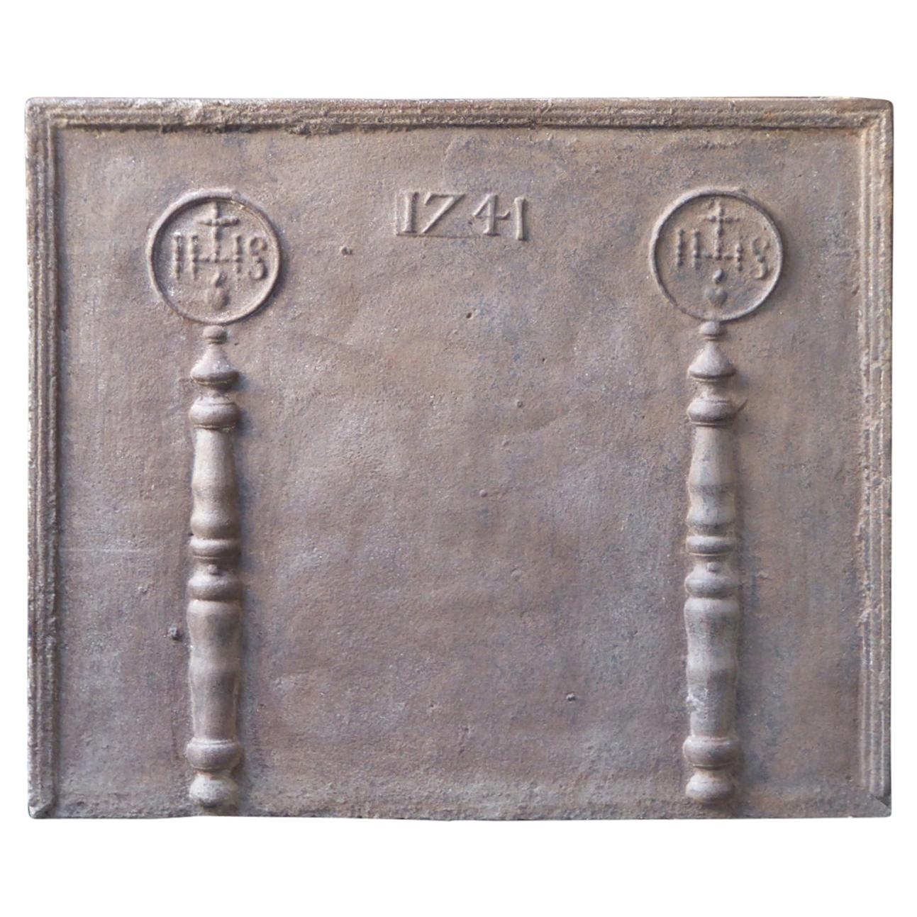 18th Century French Fireback / Backsplash 'Pillars with Medieval IHS Monograms' For Sale