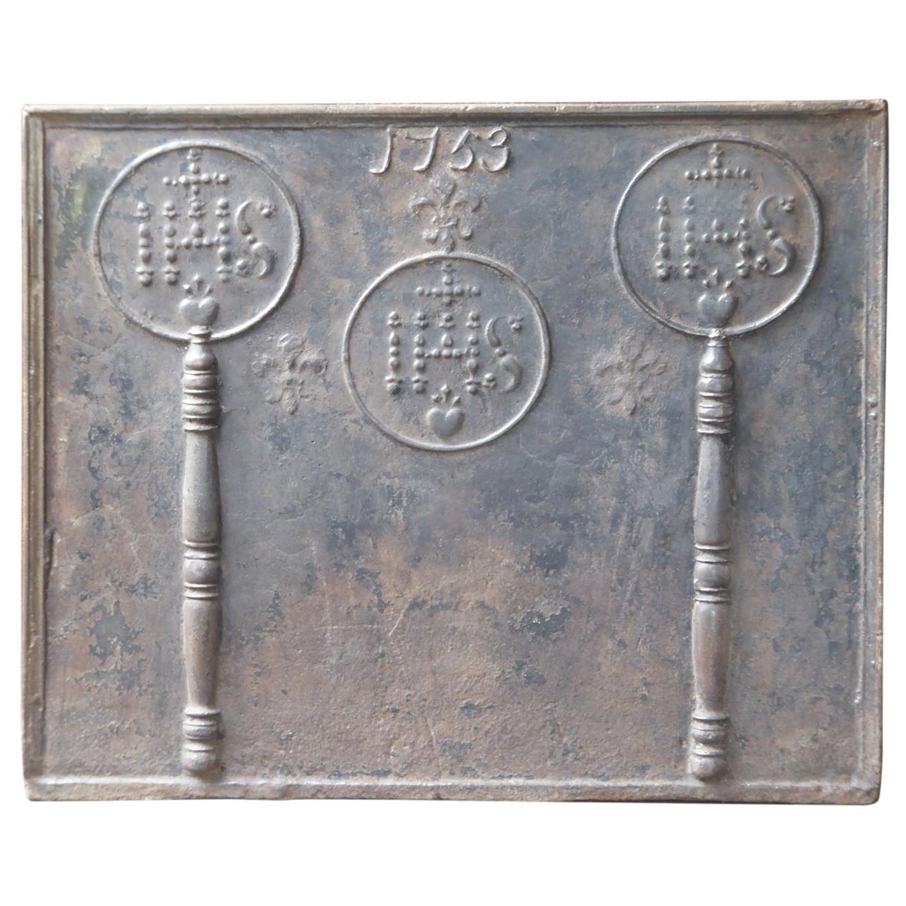 18th Century French Fireback Pillars with Medieval IHS Monograms