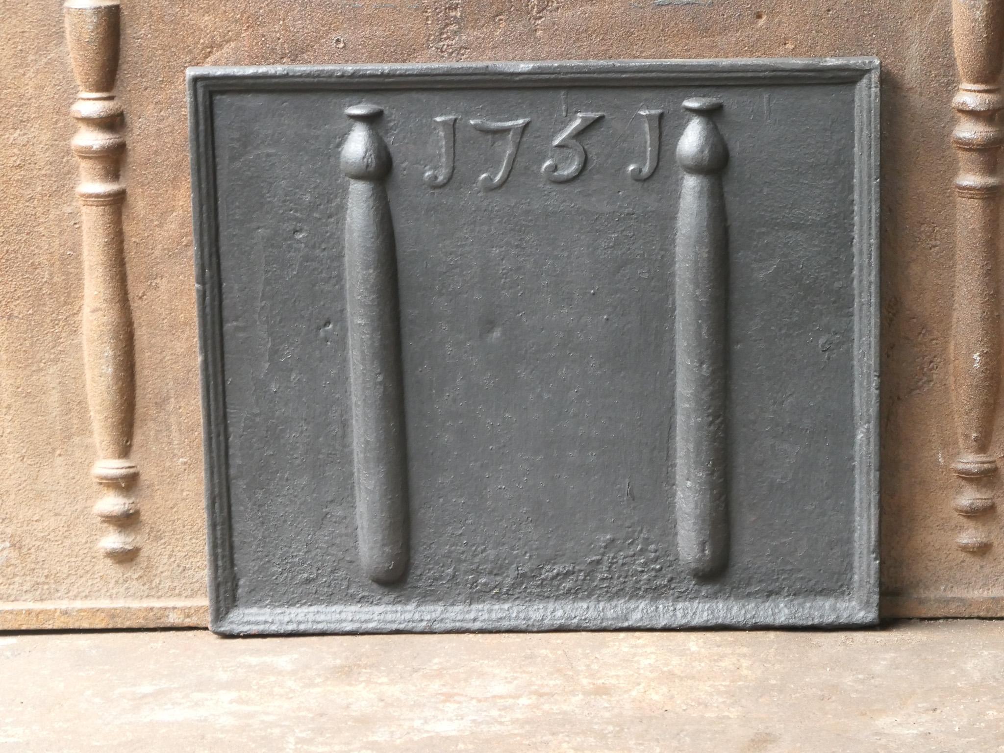 18th Century and Earlier 18th Century French Fireback / Backsplash with Pillars of Hercules, Dated 1751 For Sale