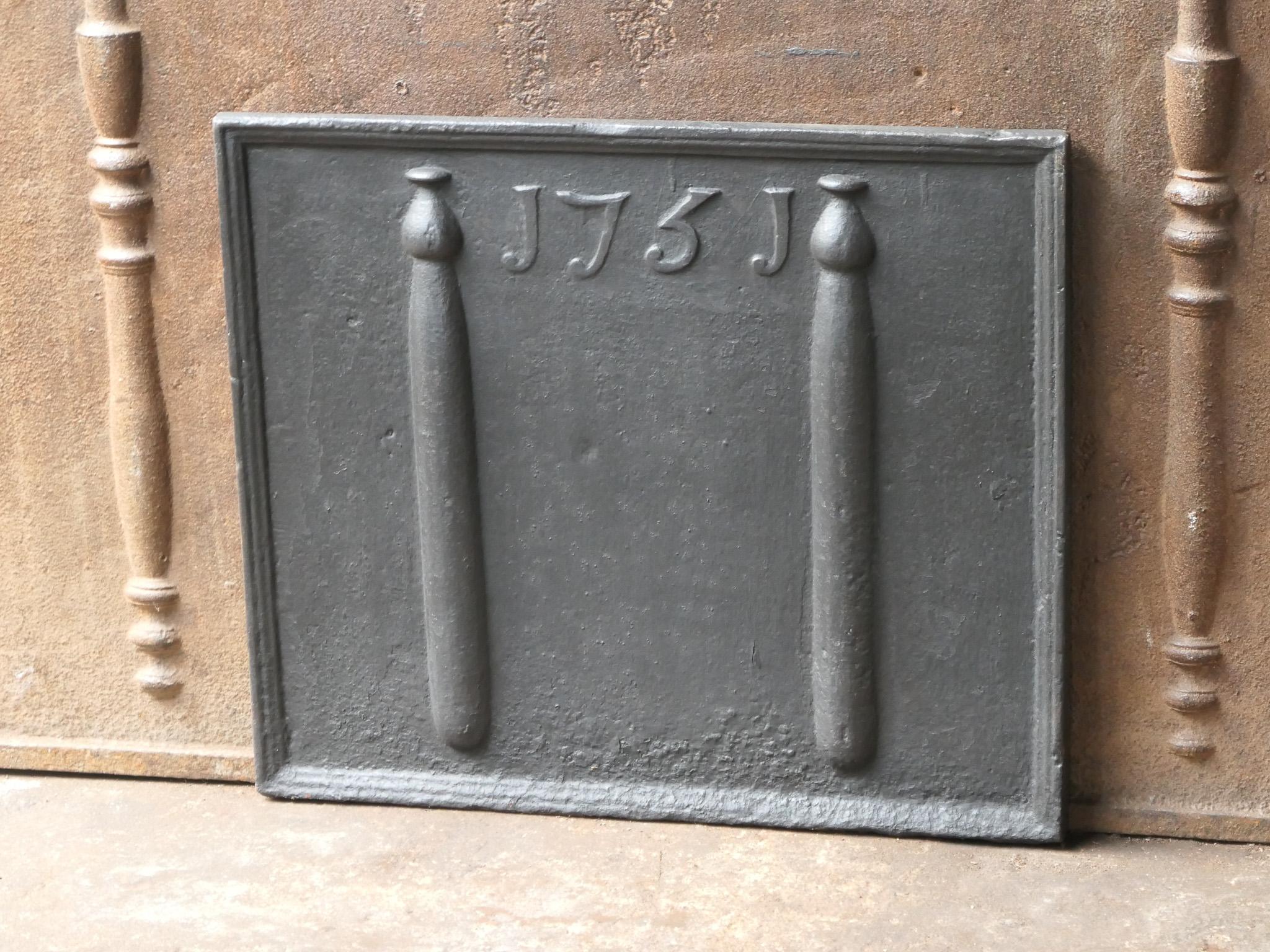 Iron 18th Century French Fireback / Backsplash with Pillars of Hercules, Dated 1751 For Sale