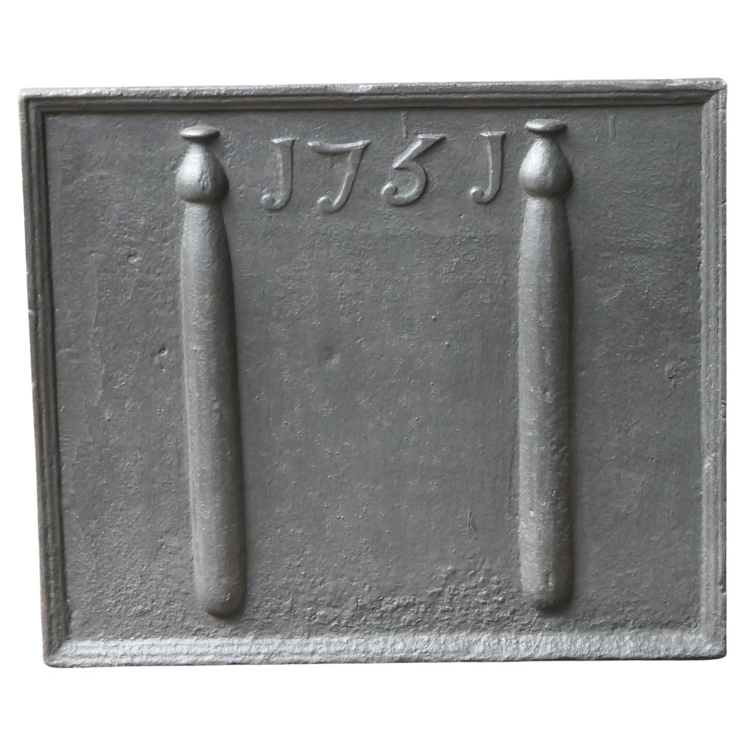 18th Century French Fireback / Backsplash with Pillars of Hercules, Dated 1751 For Sale