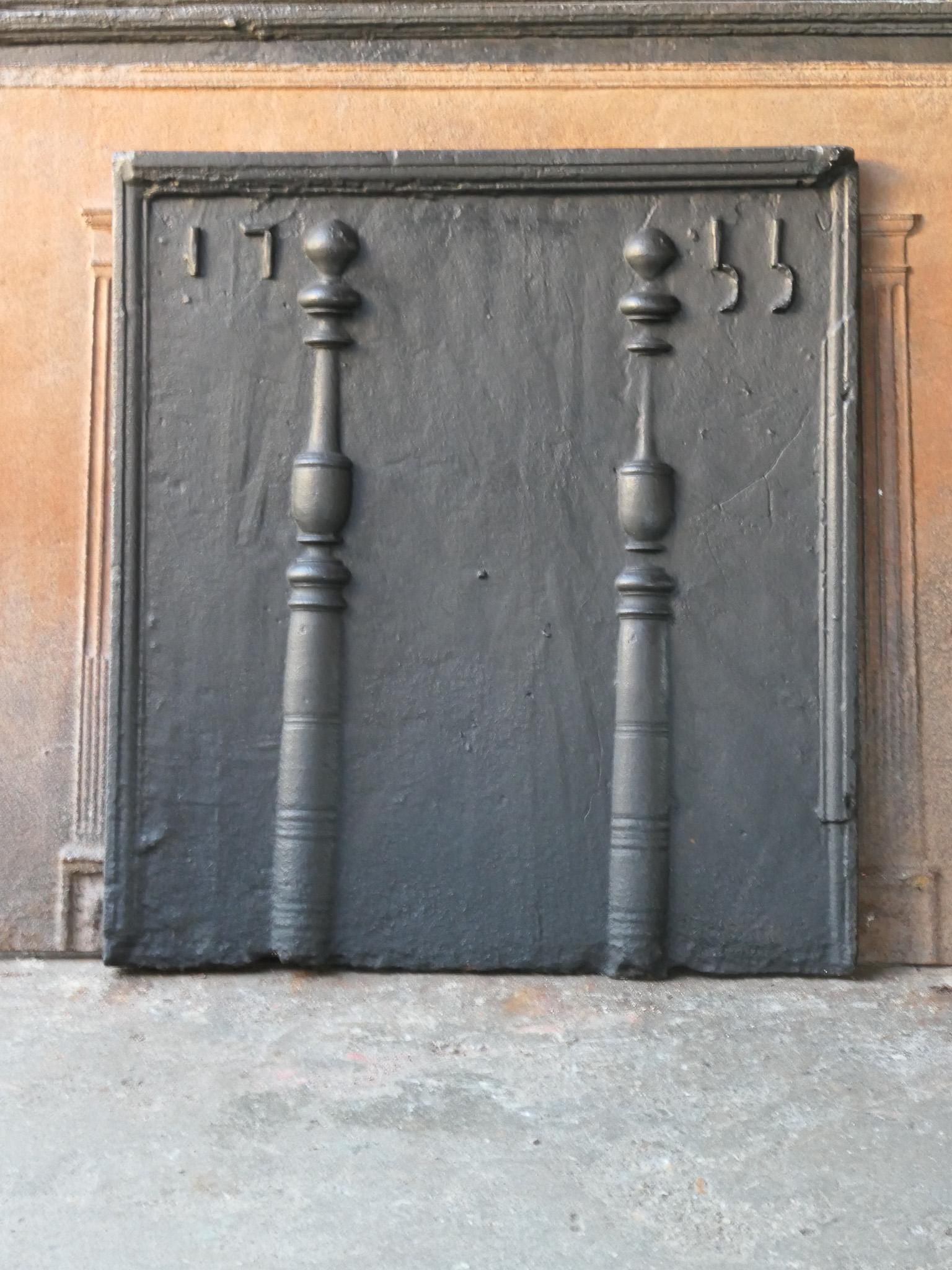 Iron 18th Century French Fireback / Backsplash with Pillars of Hercules, Dated 1755 For Sale